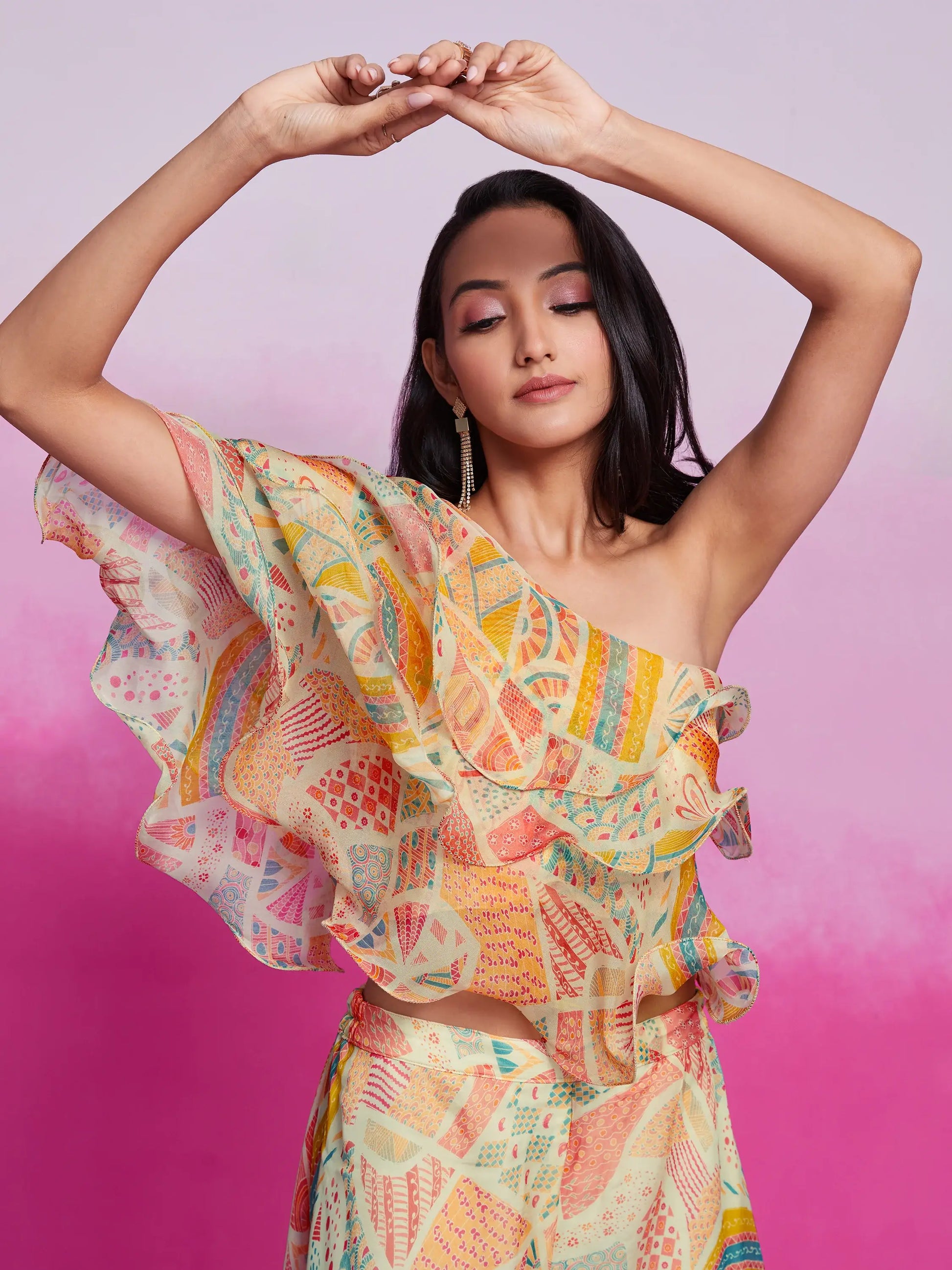 Gorgeous Cream Printed Organza Party Wear Crop Top With Palazzo - Zeel Clothing