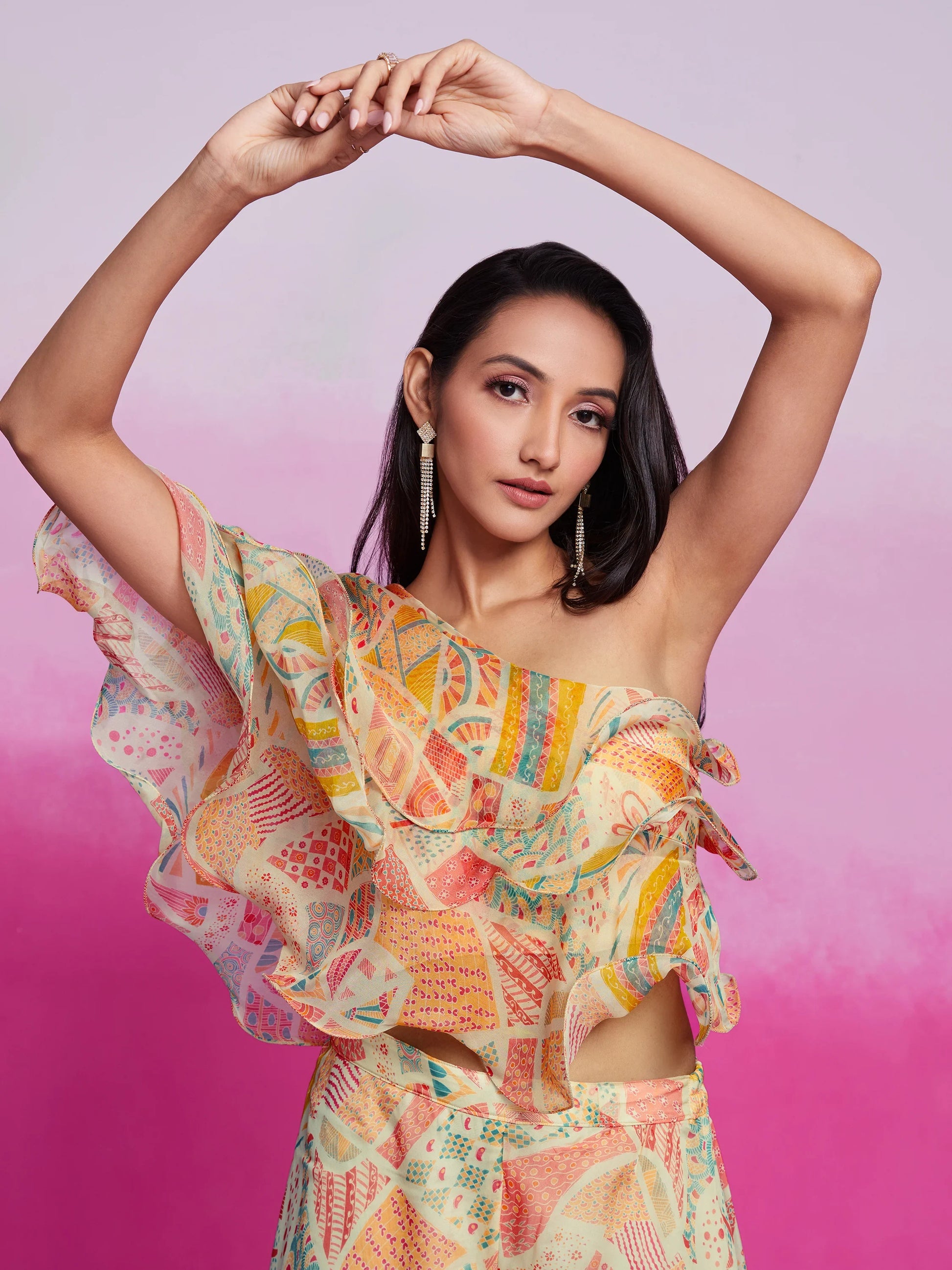 Gorgeous Cream Printed Organza Party Wear Crop Top With Palazzo - Zeel Clothing