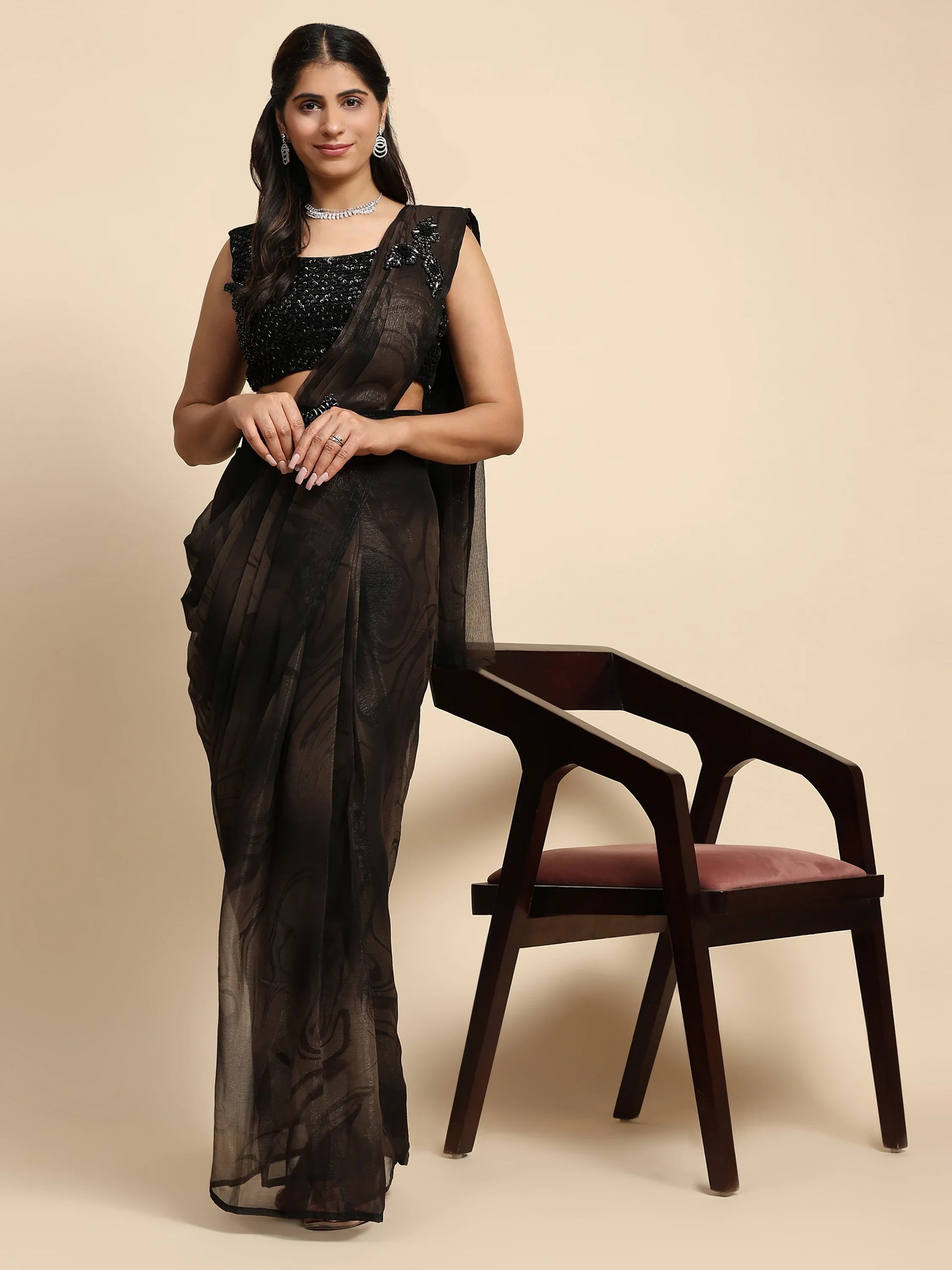Gorgeous Dark Brown Printed Satin Party Wear Saree With Blouse - Zeel Clothing