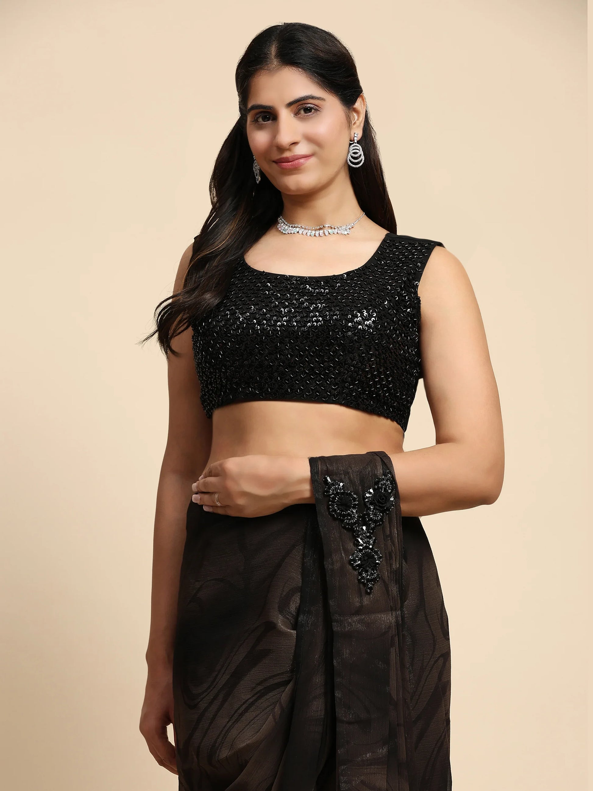 Gorgeous Dark Brown Printed Satin Party Wear Saree With Blouse - Zeel Clothing