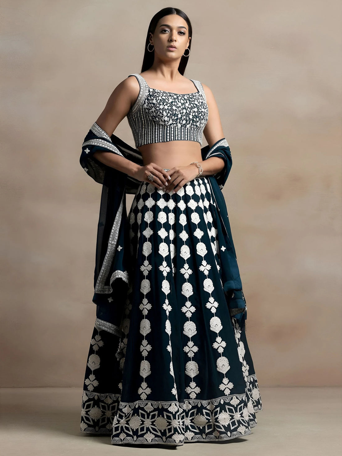 Gorgeous Dark Green Thread Work Georgette Wedding Lehenga Choli With Dupatta