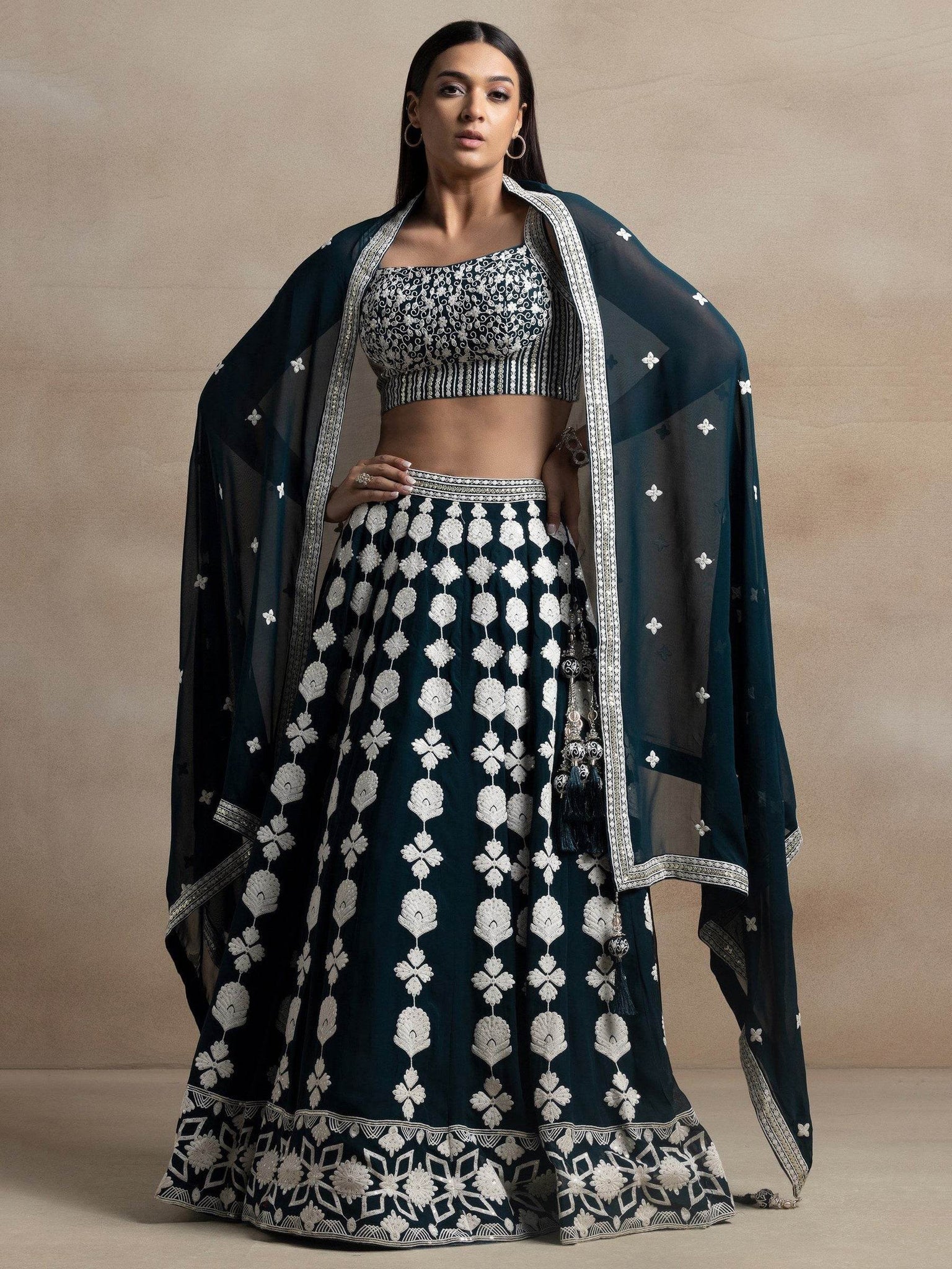 Gorgeous Dark Green Thread Work Georgette Wedding Lehenga Choli With Dupatta - Zeel Clothing