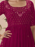 Magenta embroidered dress with floral gold detailing, square neckline, and flared skirt for women's fashion