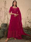 Elegant magenta anarkali suit with gold embroidery, perfect for women's fashion events