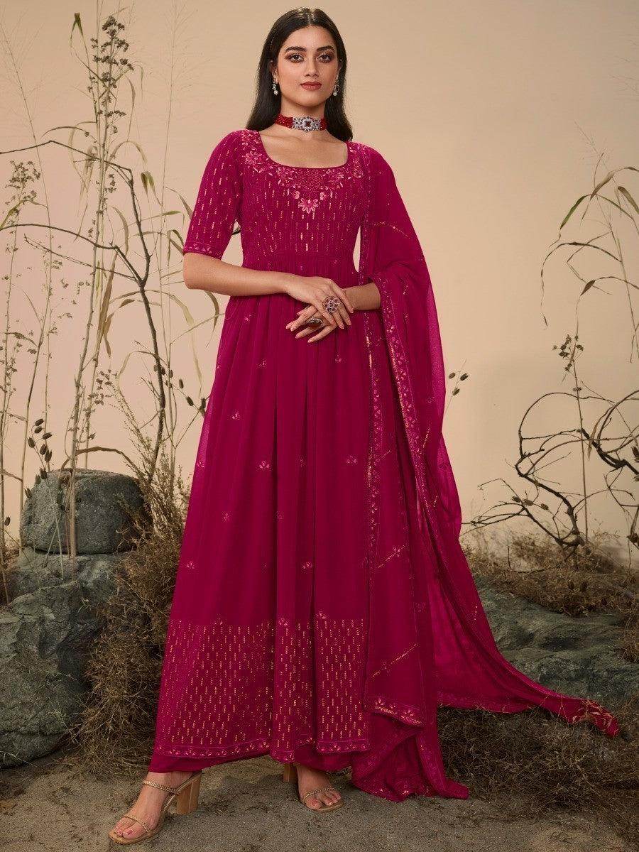 Gorgeous Deep Pink Sequins Georgette Ready-Made Palazzo Suit - Zeel Clothing