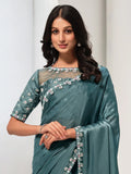Gorgeous Dusty Blue Lace Work Satin Event Wear Saree With Blouse - Zeel Clothing