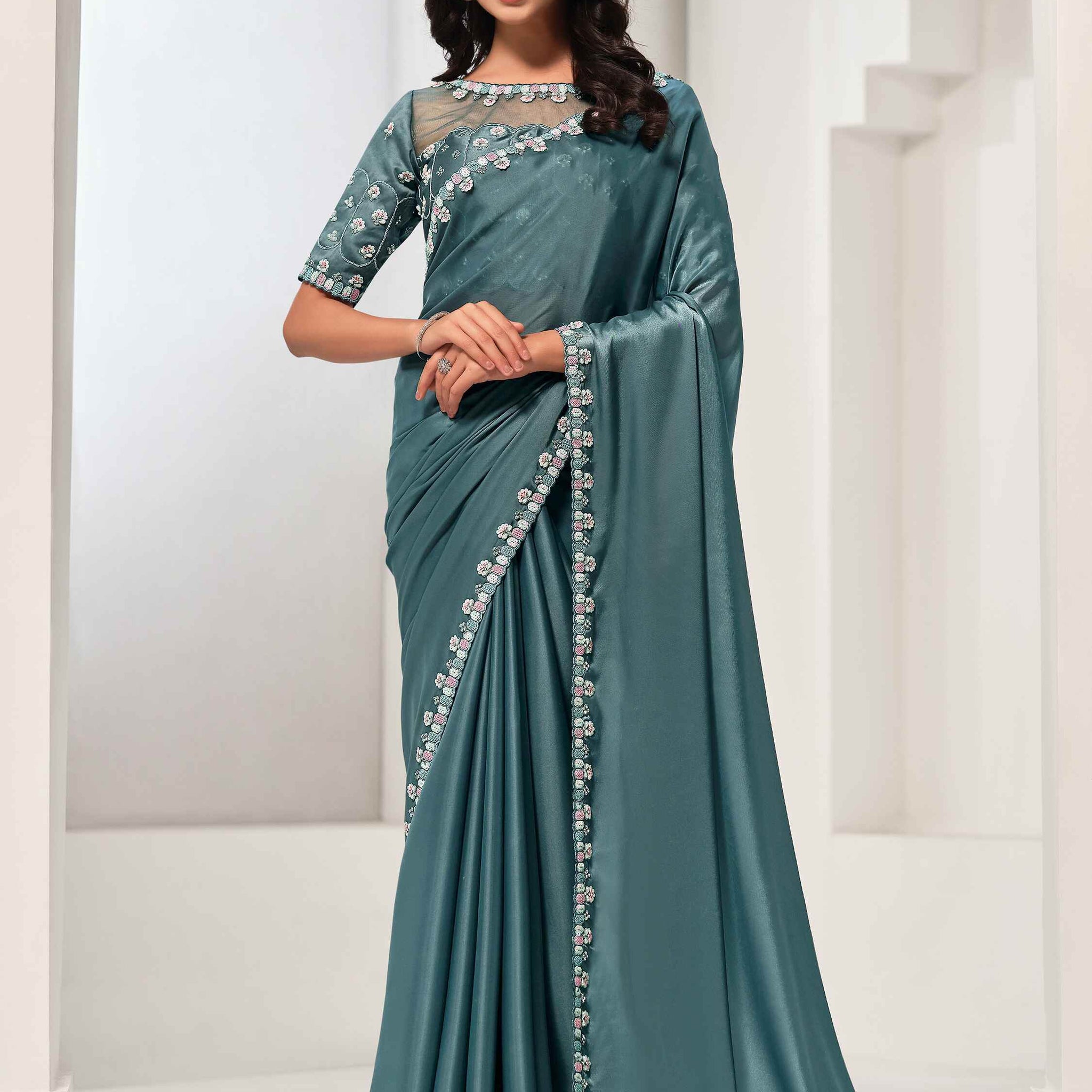 Gorgeous Dusty Blue Lace Work Satin Event Wear Saree With Blouse - Zeel Clothing