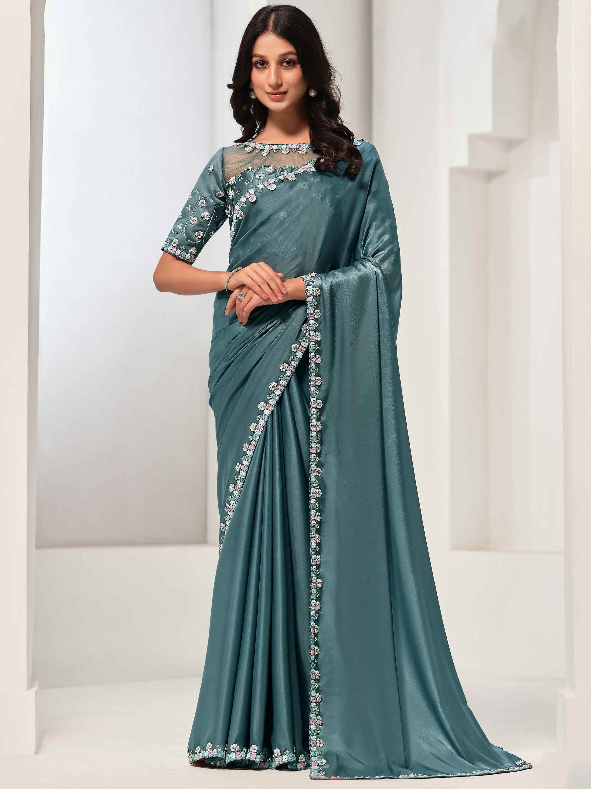 Gorgeous Dusty Blue Lace Work Satin Event Wear Saree With Blouse - Zeel Clothing
