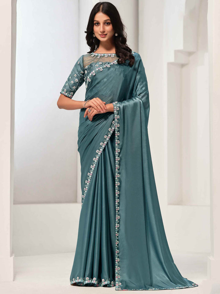Gorgeous Dusty Blue Lace Work Satin Event Wear Saree With Blouse - Zeel Clothing