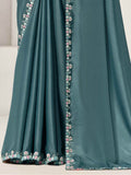 Gorgeous Dusty Blue Lace Work Satin Event Wear Saree With Blouse - Zeel Clothing