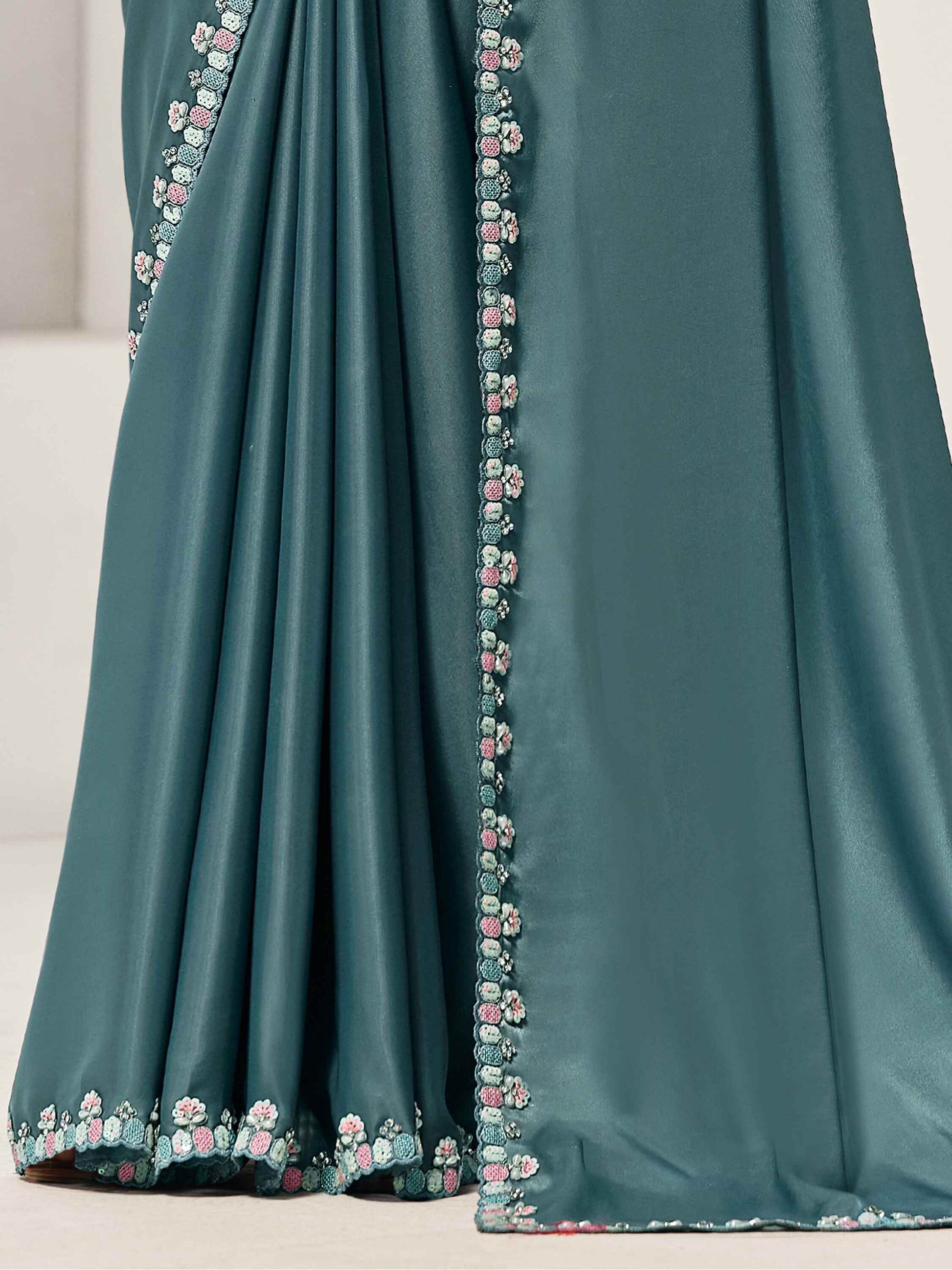 Gorgeous Dusty Blue Lace Work Satin Event Wear Saree With Blouse - Zeel Clothing