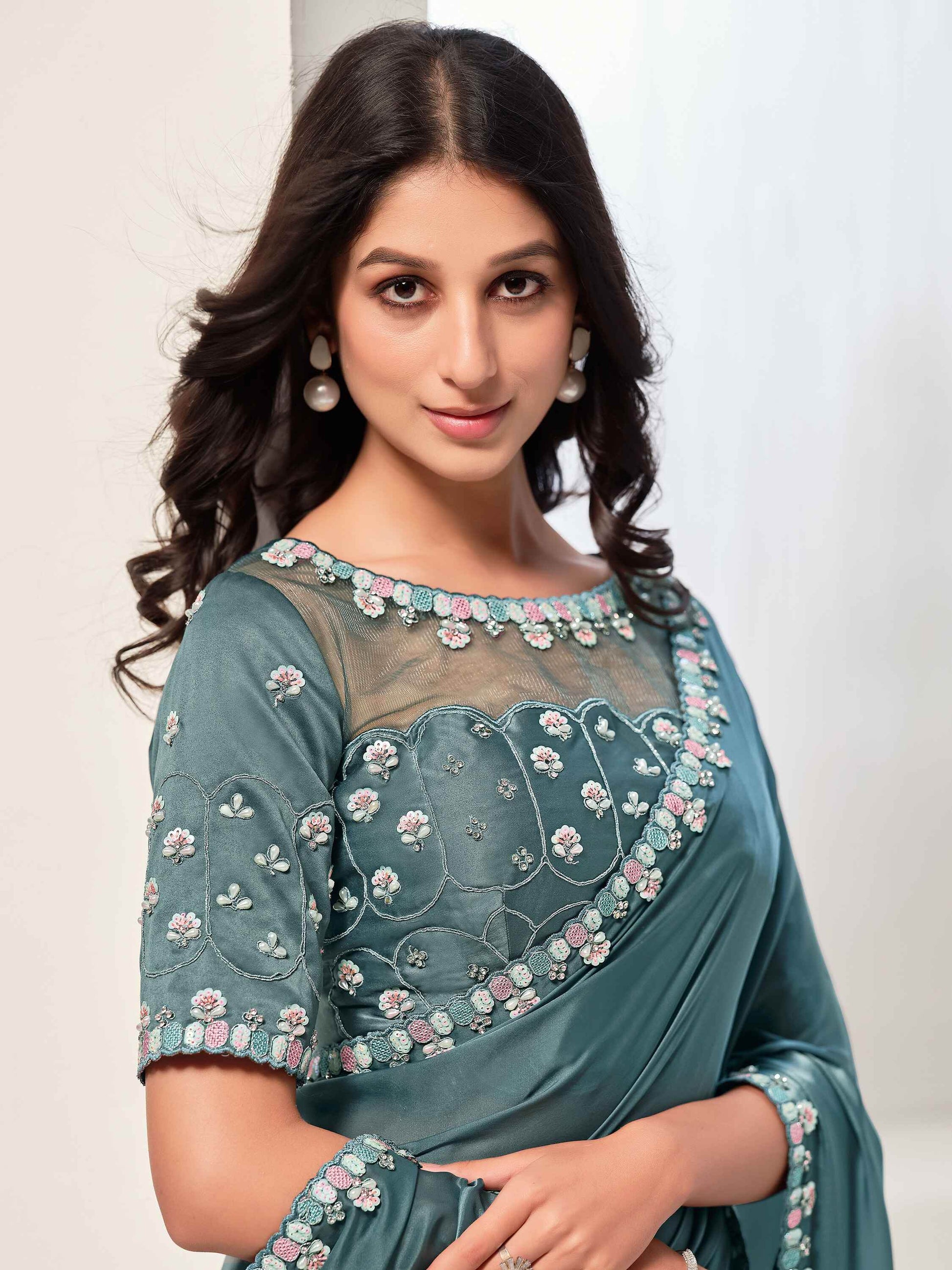 Gorgeous Dusty Blue Lace Work Satin Event Wear Saree With Blouse - Zeel Clothing