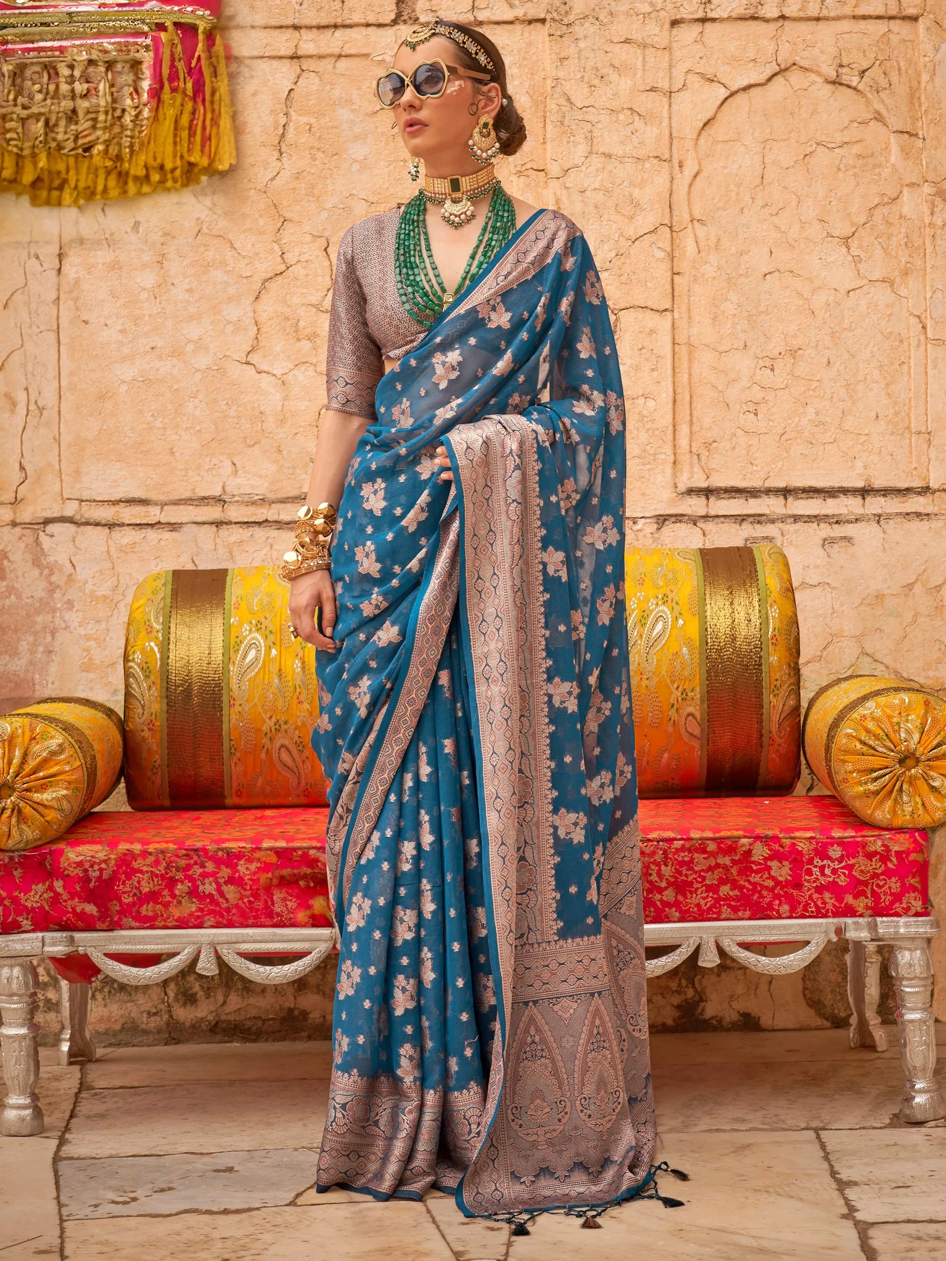 Gorgeous Dusty Blue Zari Weaving Georgette Event Wear Saree - Zeel Clothing