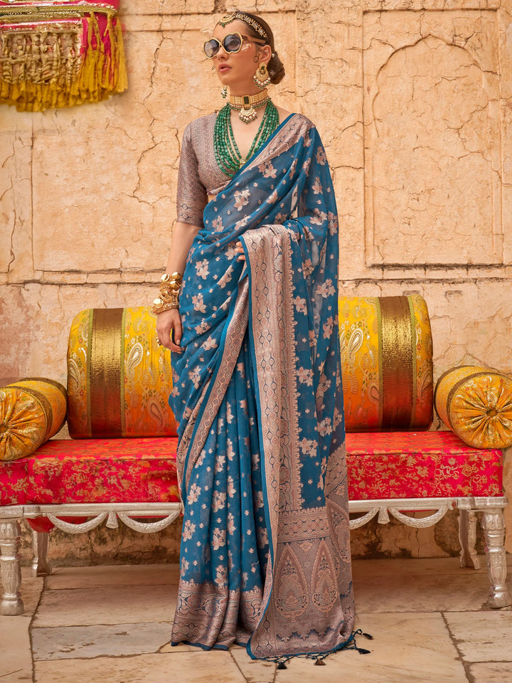 Gorgeous Dusty Blue Zari Weaving Georgette Event Wear Saree - Zeel Clothing
