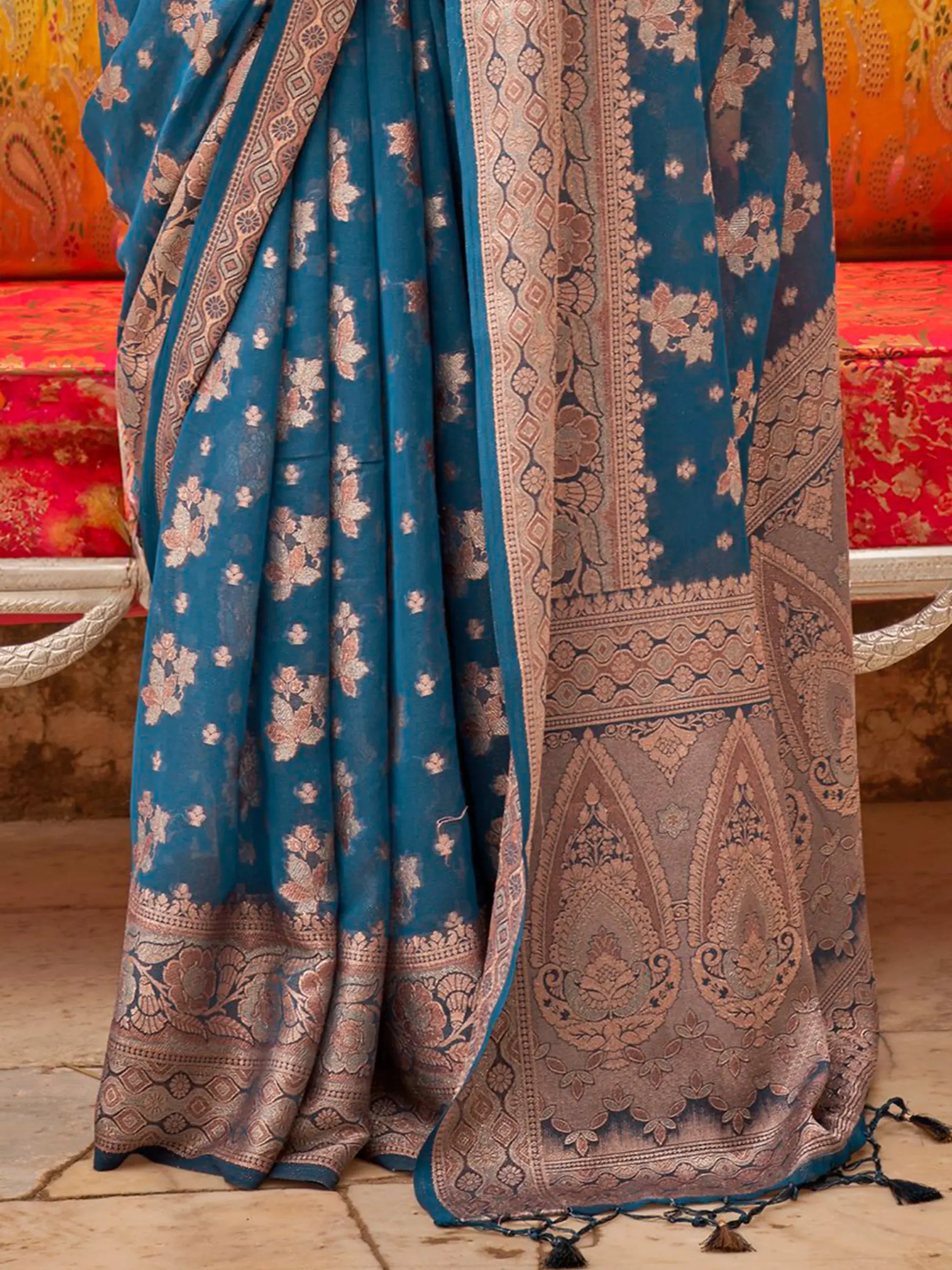 Gorgeous Dusty Blue Zari Weaving Georgette Event Wear Saree - Zeel Clothing