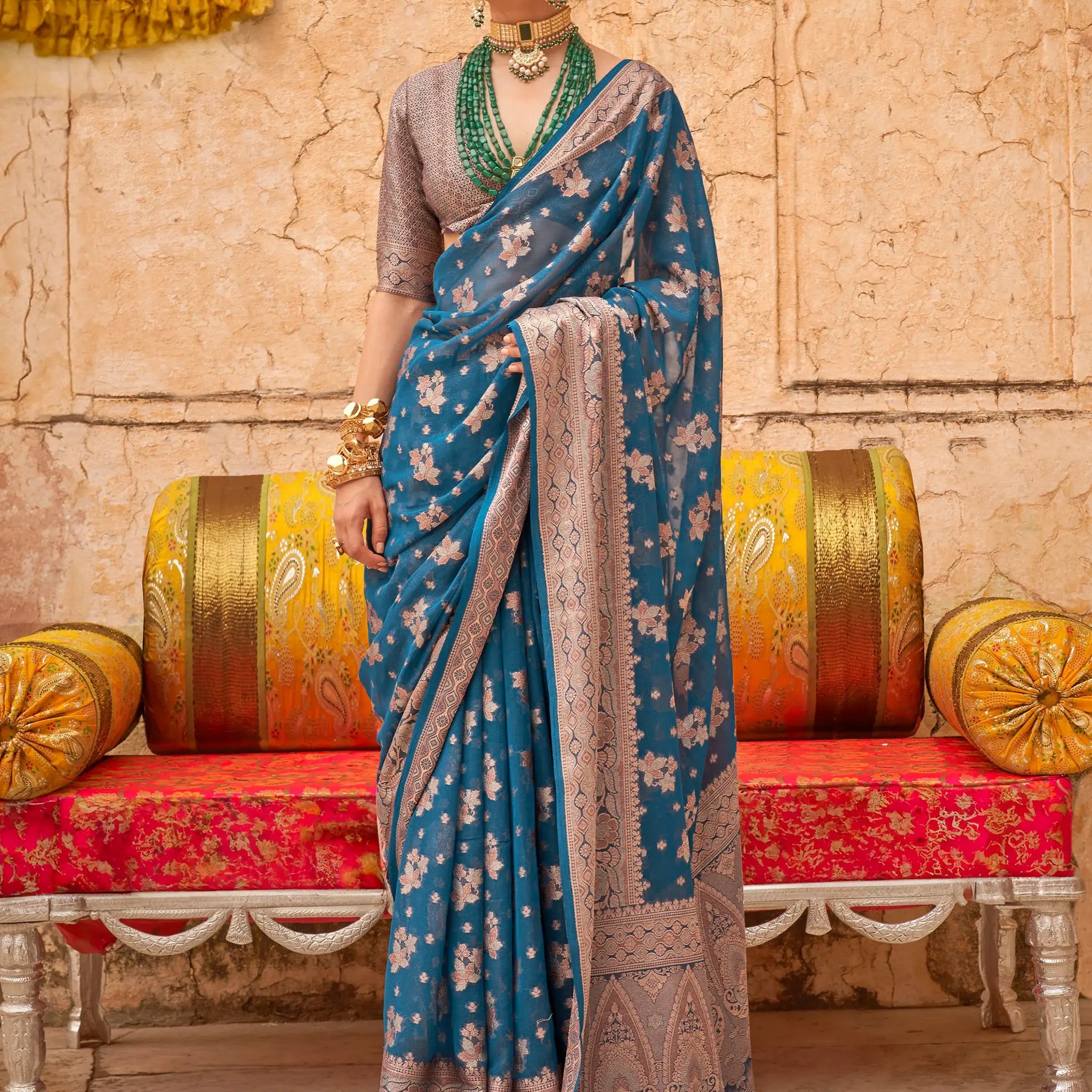 Gorgeous Dusty Blue Zari Weaving Georgette Event Wear Saree - Zeel Clothing