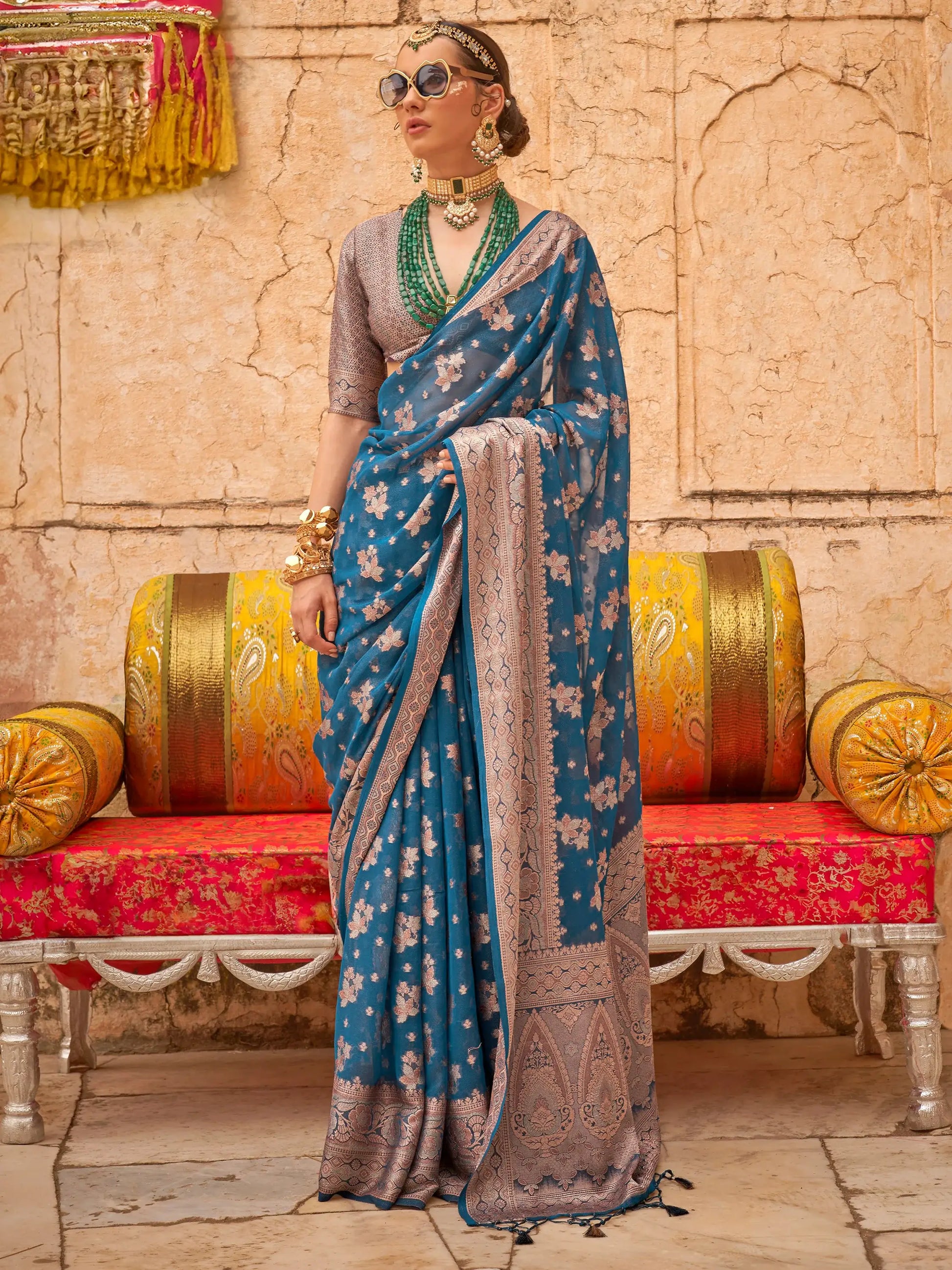 Gorgeous Dusty Blue Zari Weaving Georgette Event Wear Saree - Zeel Clothing