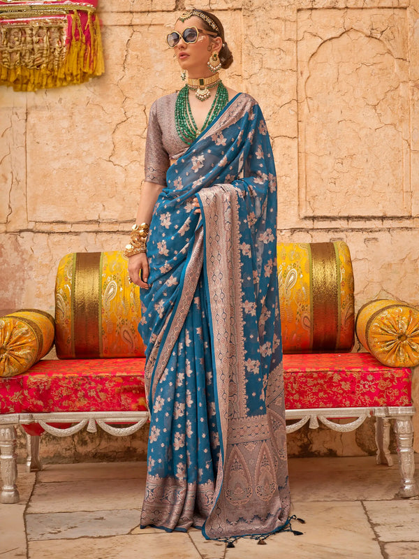 Gorgeous Dusty Blue Zari Weaving Georgette Event Wear Saree - Zeel Clothing