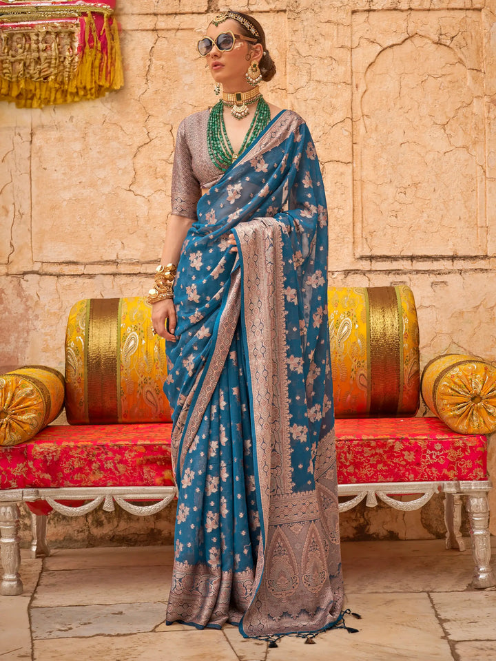 Gorgeous Dusty Blue Zari Weaving Georgette Event Wear Saree - Zeel Clothing