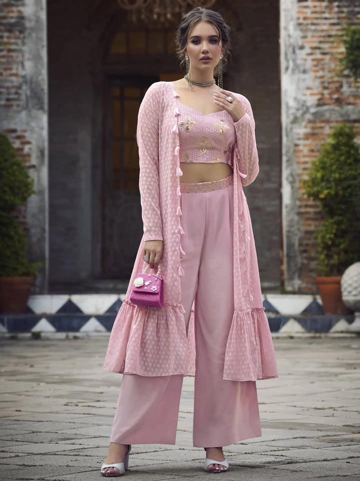 Gorgeous Dusty Pink Embroidered Georgette Palazzo Suit With Jacket - Zeel Clothing