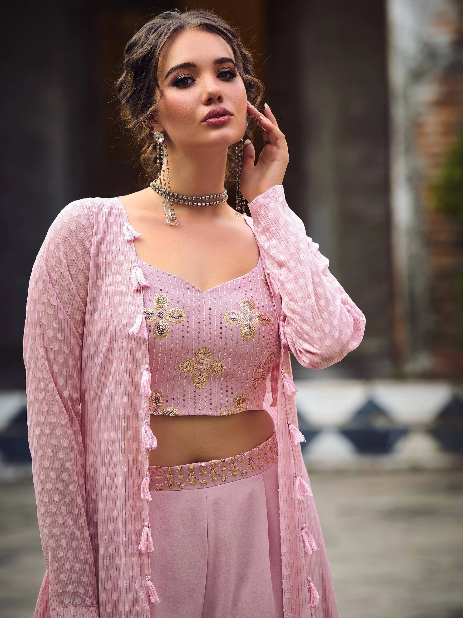 Gorgeous Dusty Pink Embroidered Georgette Palazzo Suit With Jacket - Zeel Clothing