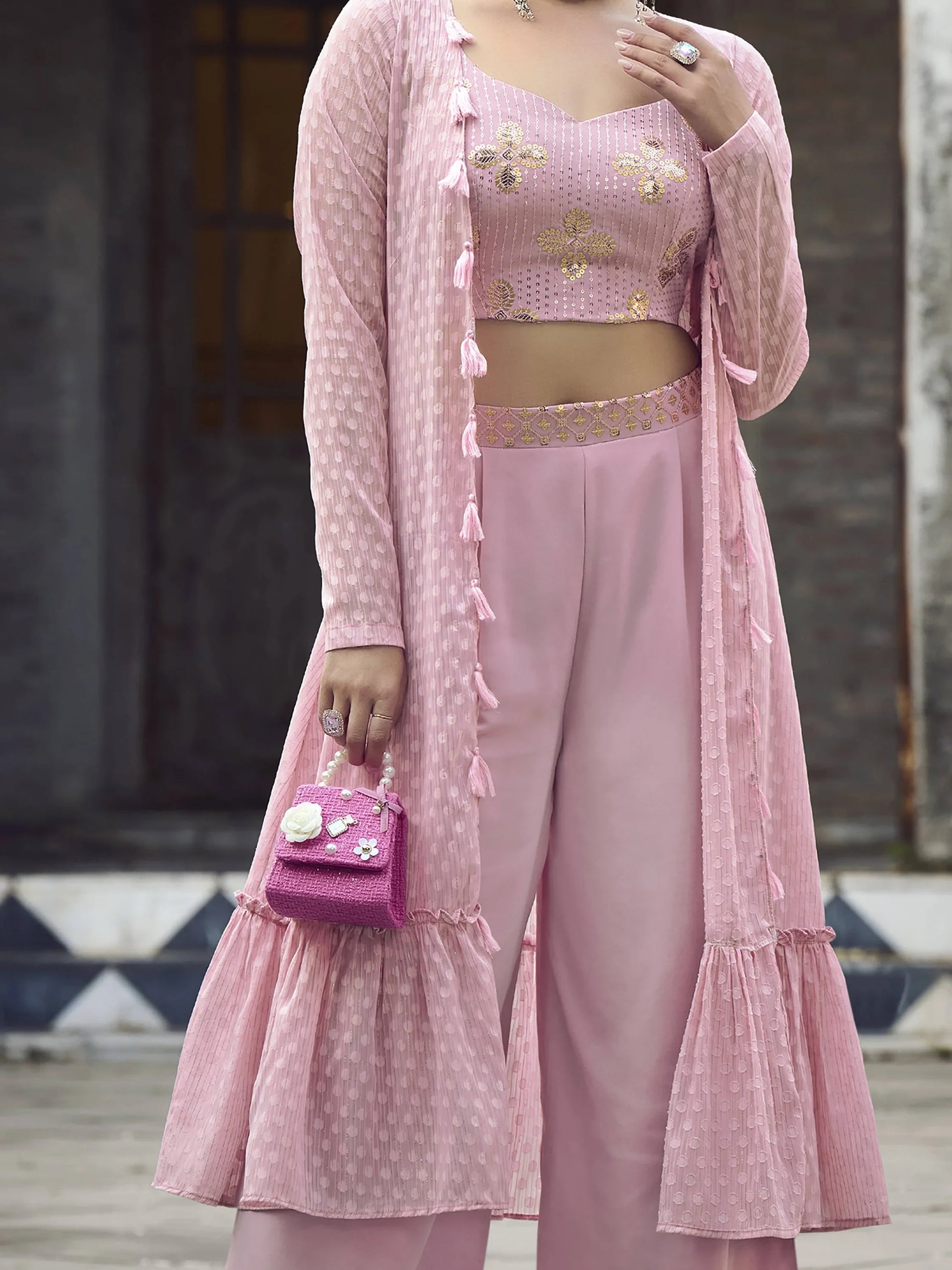 Gorgeous Dusty Pink Embroidered Georgette Palazzo Suit With Jacket - Zeel Clothing