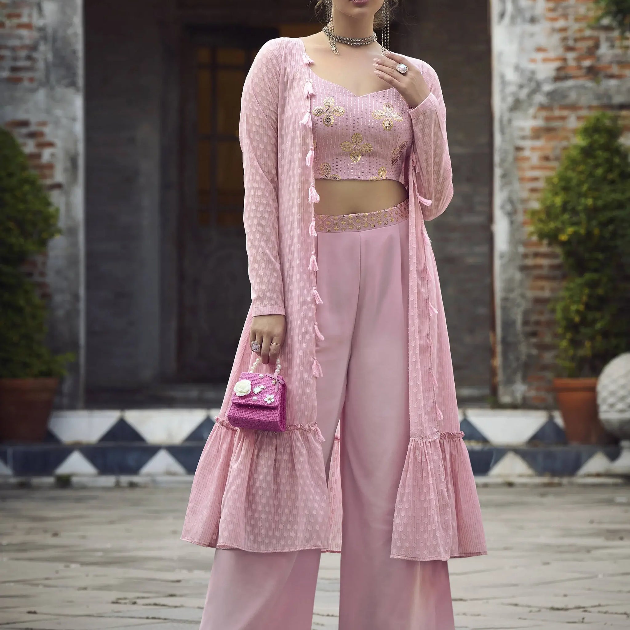 Gorgeous Dusty Pink Embroidered Georgette Palazzo Suit With Jacket - Zeel Clothing