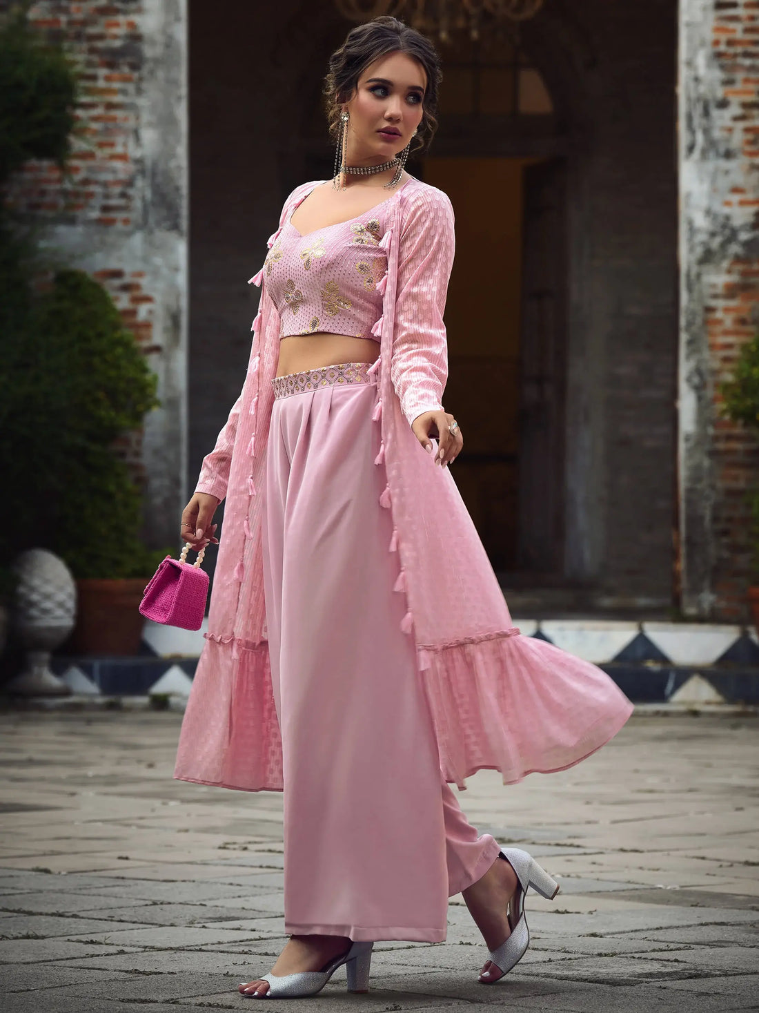 Gorgeous Dusty Pink Embroidered Georgette Palazzo Suit With Jacket - Zeel Clothing