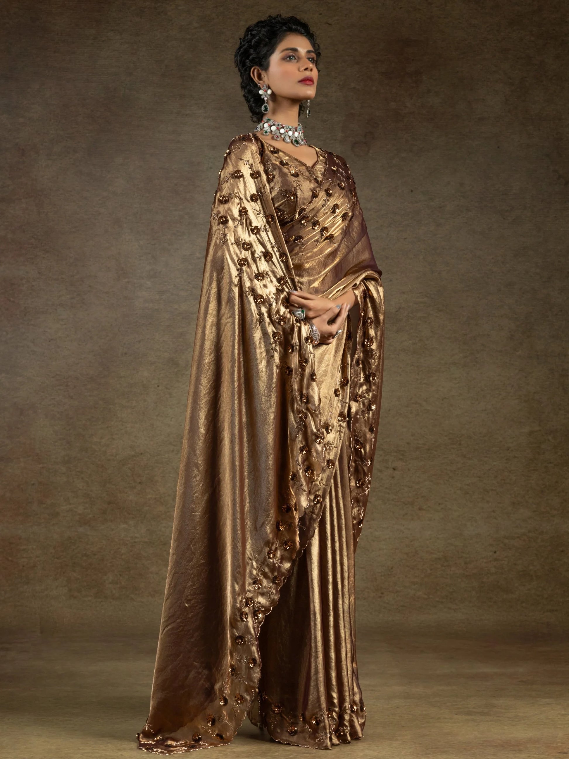 Gorgeous Golden Jarkan Work Satin Party Wear Saree With Blouse - Zeel Clothing