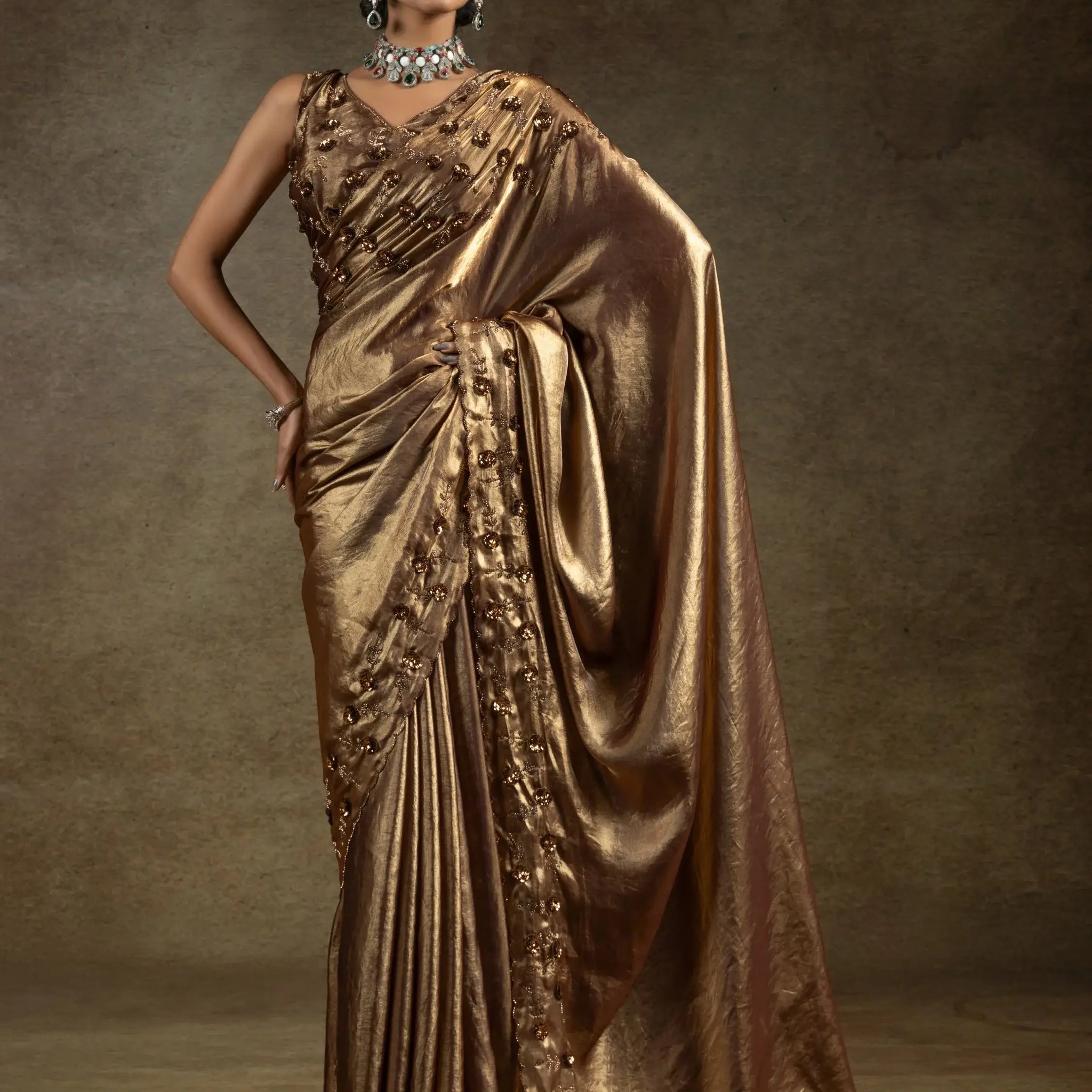 Gorgeous Golden Jarkan Work Satin Party Wear Saree With Blouse - Zeel Clothing