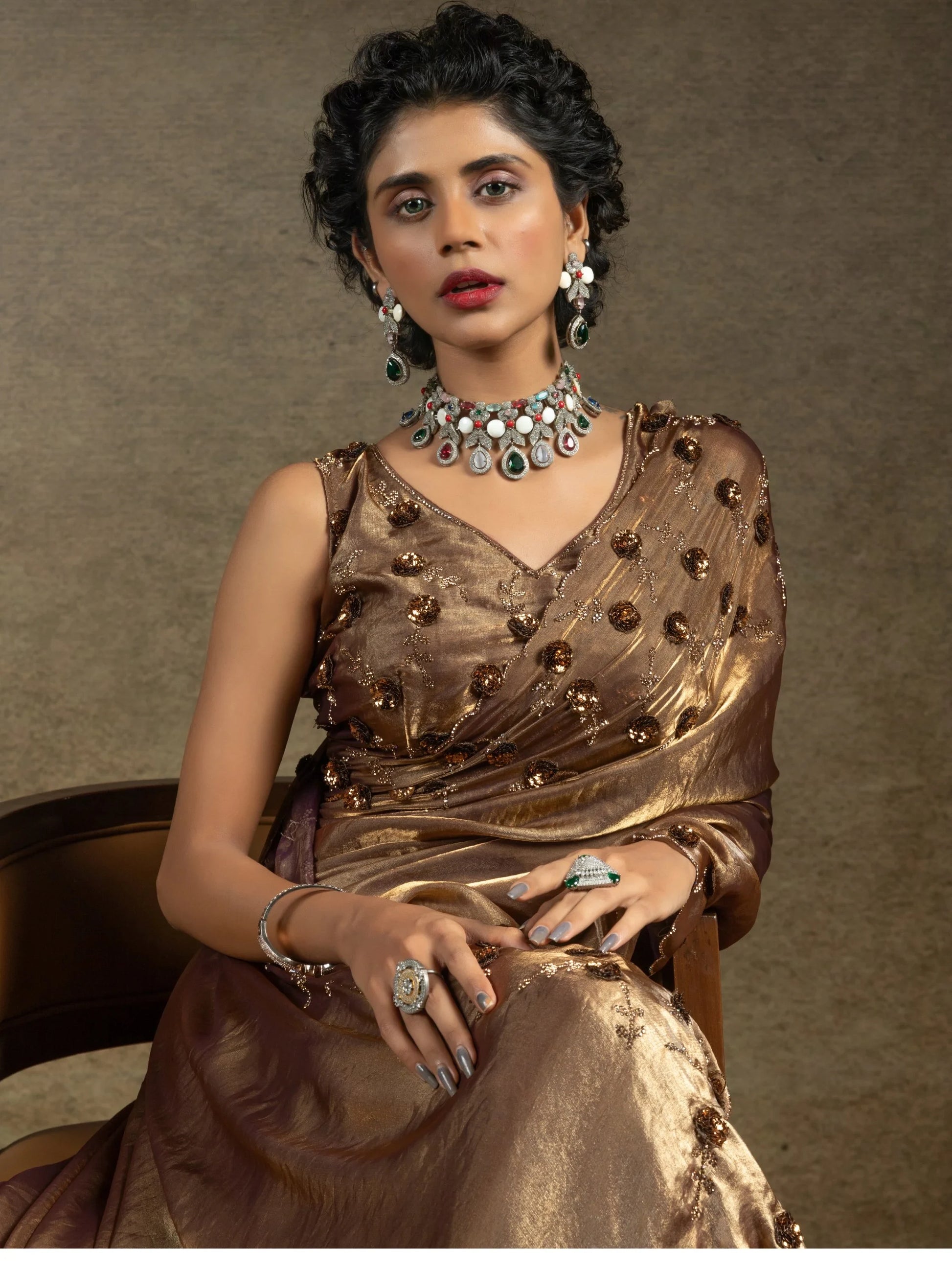 Gorgeous Golden Jarkan Work Satin Party Wear Saree With Blouse - Zeel Clothing
