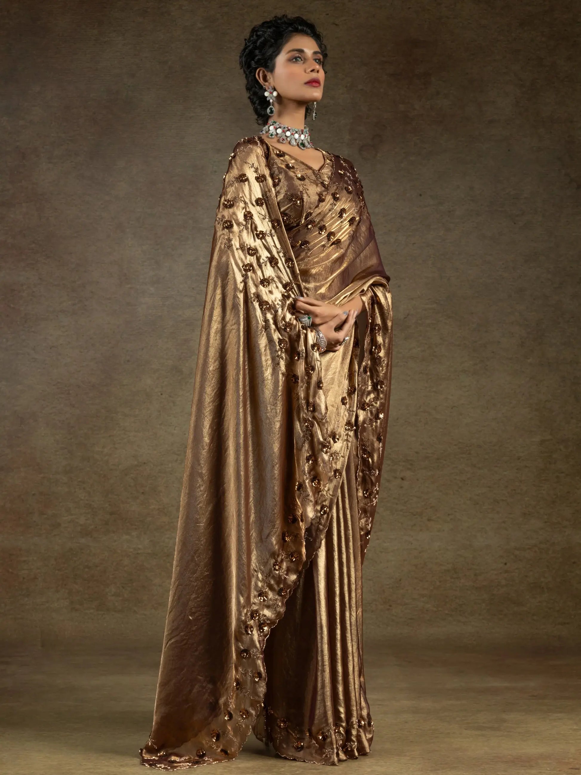 Gorgeous Golden Jarkan Work Satin Party Wear Saree With Blouse - Zeel Clothing