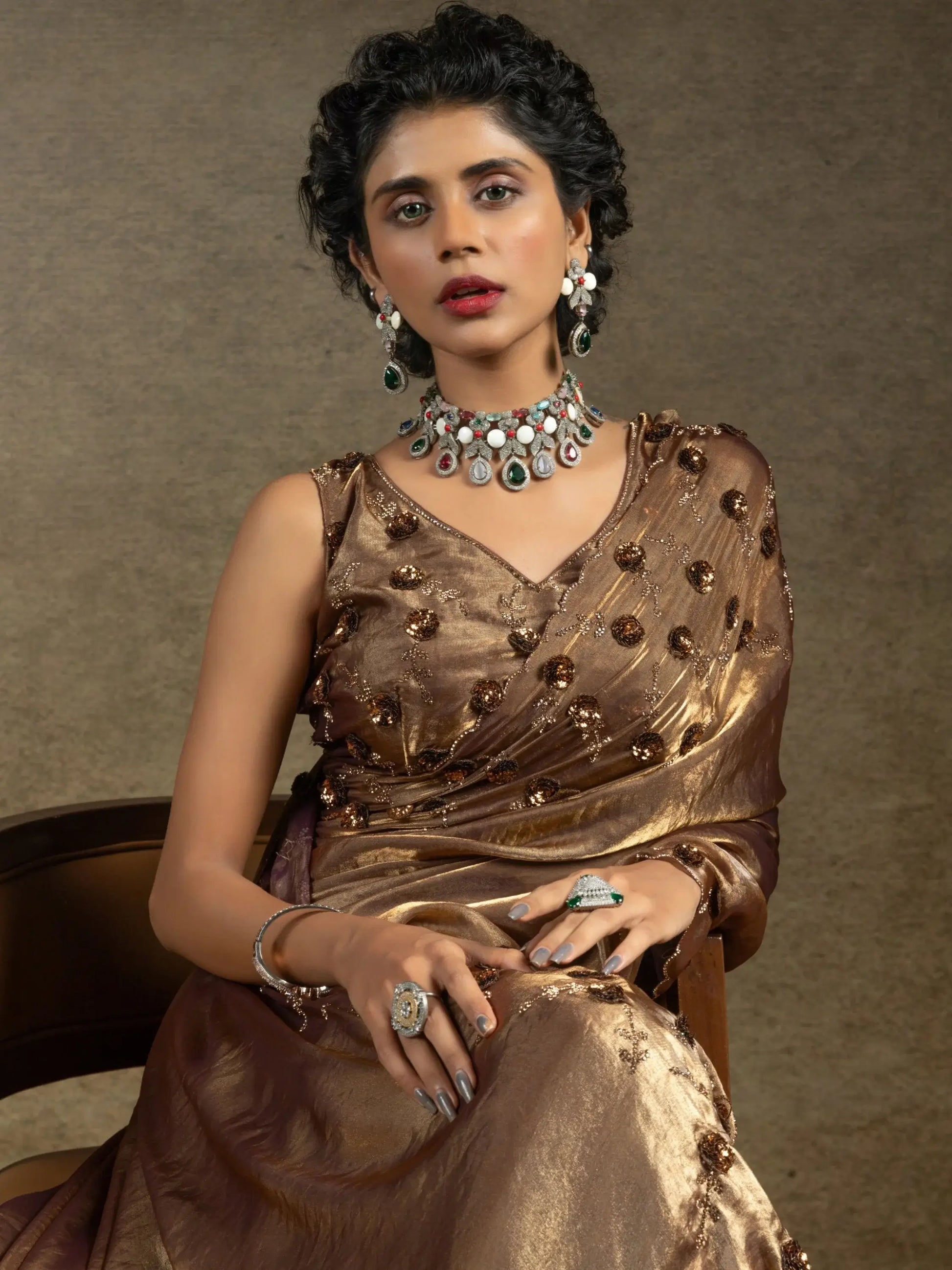 Gorgeous Golden Jarkan Work Satin Party Wear Saree With Blouse - Zeel Clothing