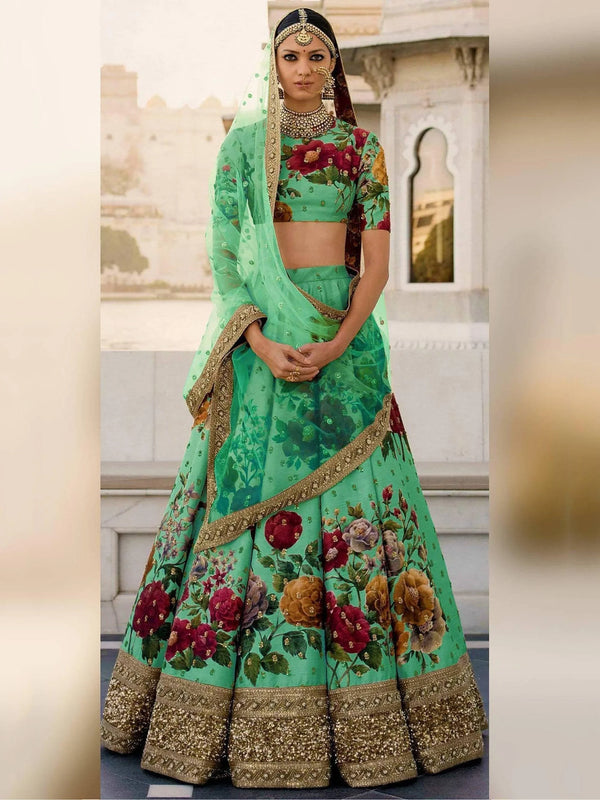 Gorgeous Green Colored Partywear Designer Embroidered Lehenga Choli