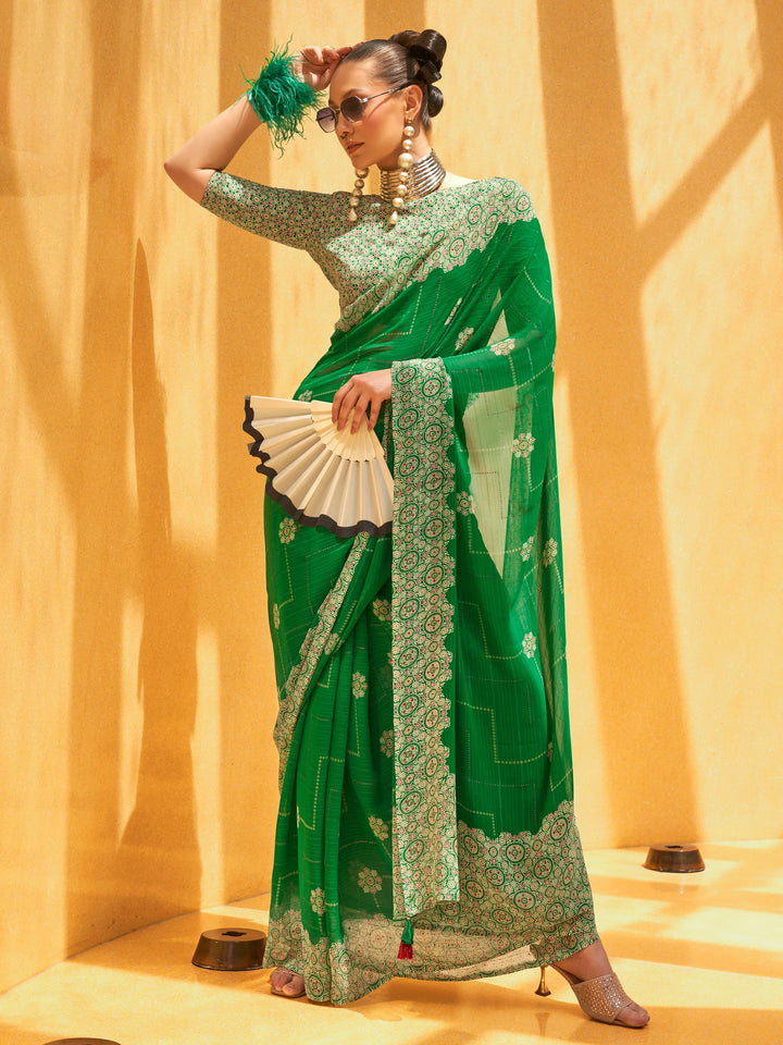Gorgeous Green Foil Printed Georgette Mehendi Wear Saree With Blouse - Zeel Clothing