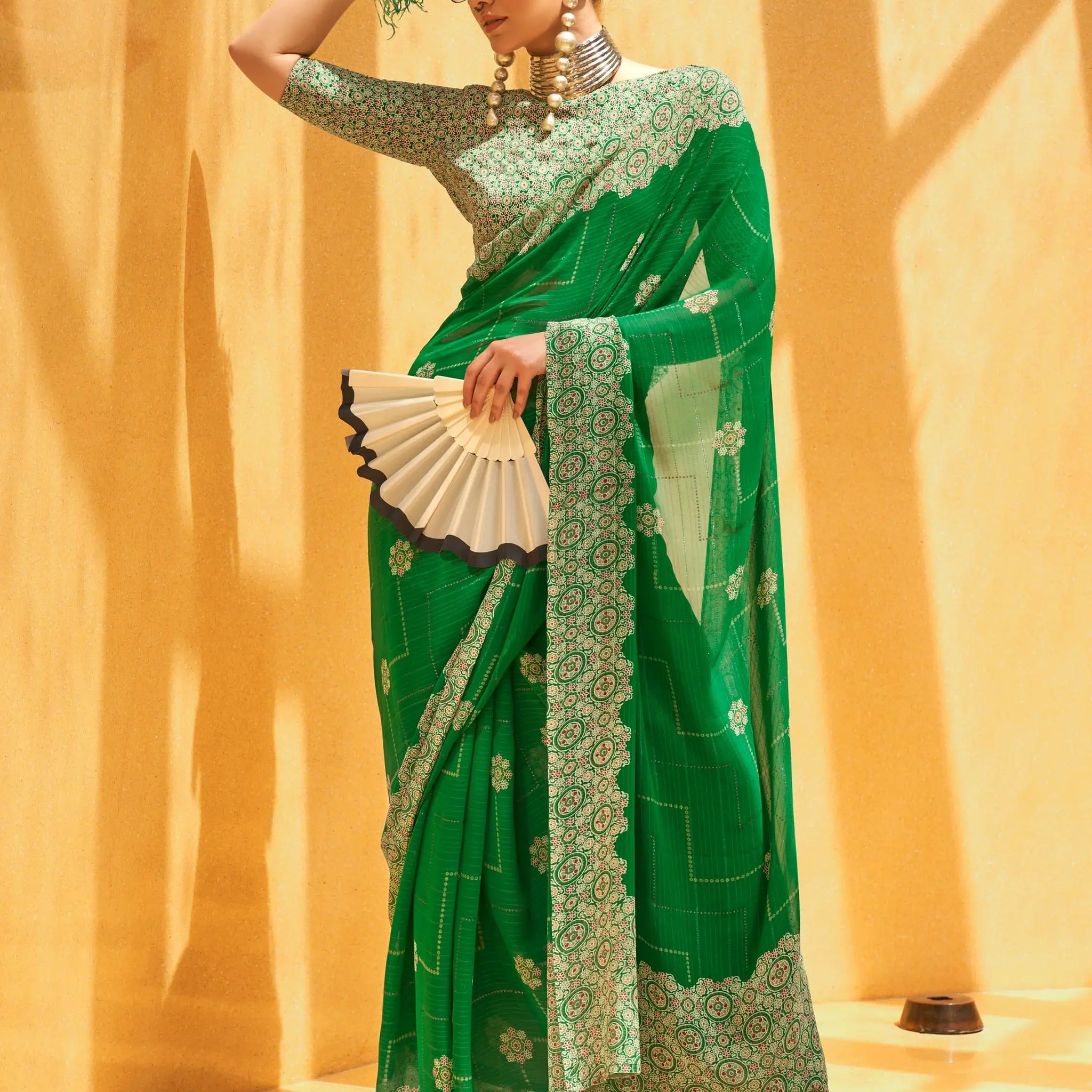 Gorgeous Green Foil Printed Georgette Mehendi Wear Saree With Blouse - Zeel Clothing