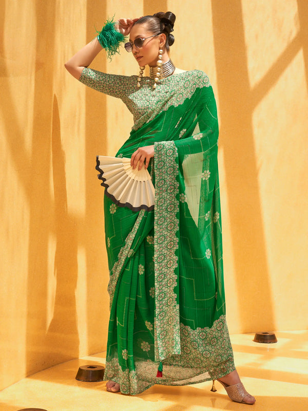 Gorgeous Green Foil Printed Georgette Mehendi Wear Saree With Blouse - Zeel Clothing