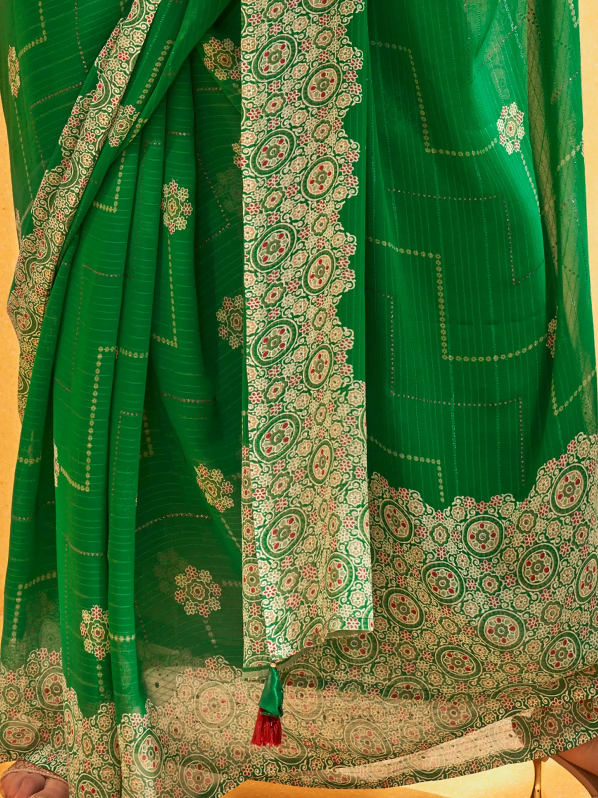 Gorgeous Green Foil Printed Georgette Mehendi Wear Saree With Blouse - Zeel Clothing