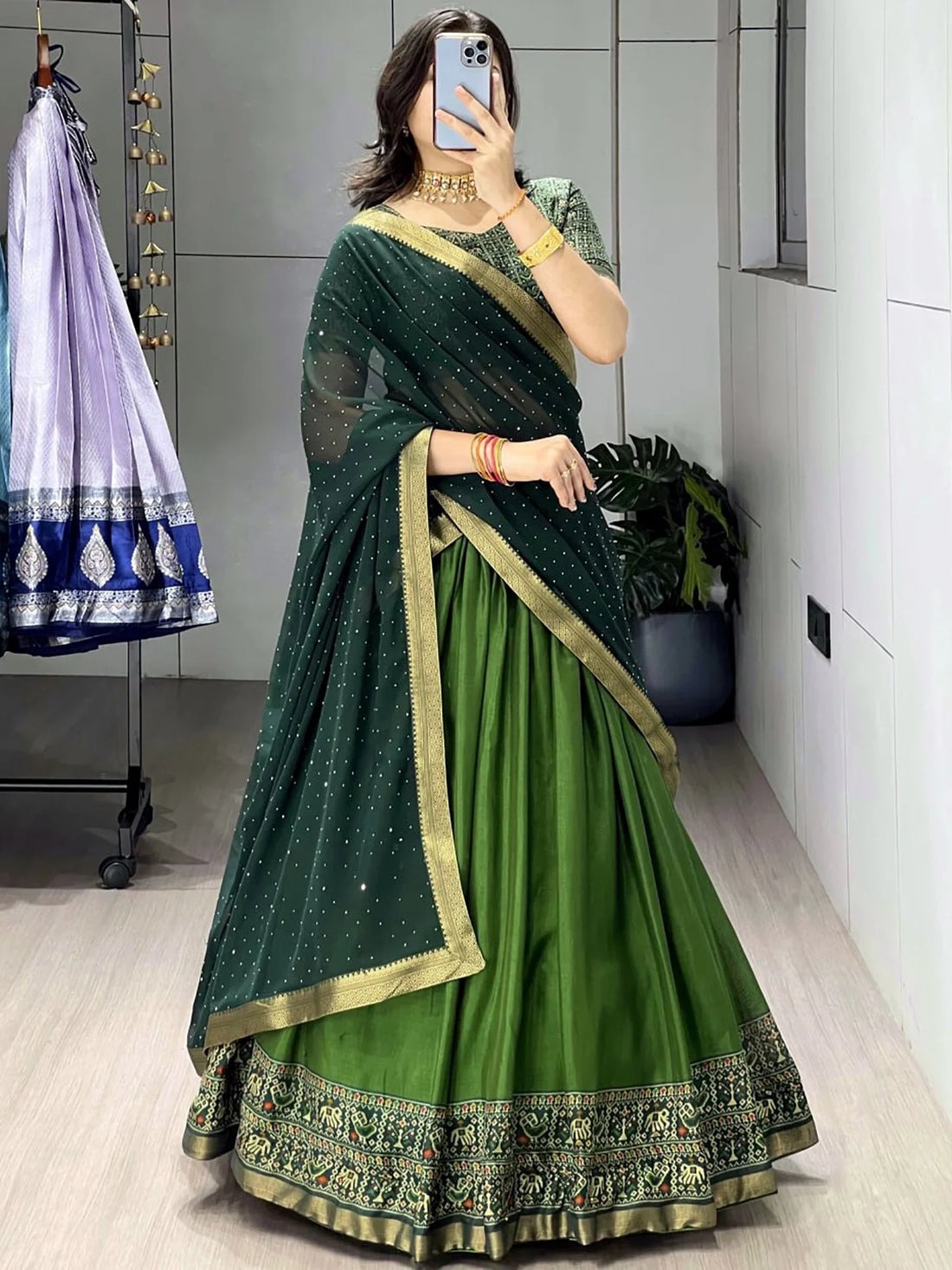 Gorgeous Green Patola Printed Cotton Half Saree Wedding Wear Lehenga