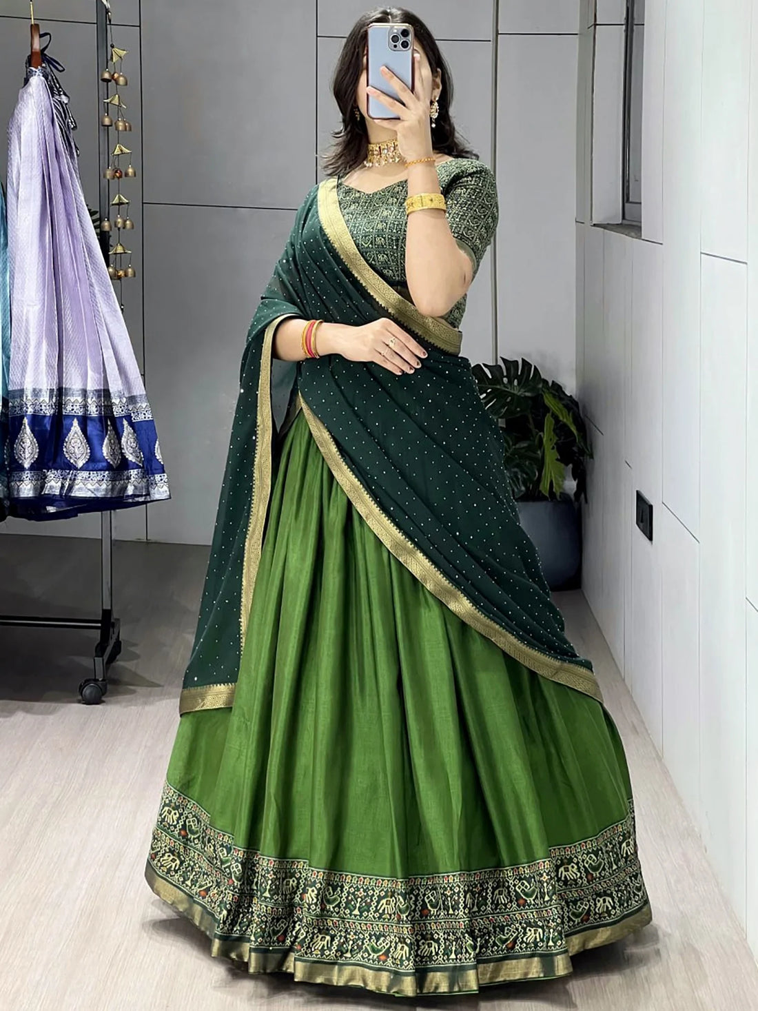 Gorgeous Green Patola Printed Cotton Half Saree Wedding Wear Lehenga