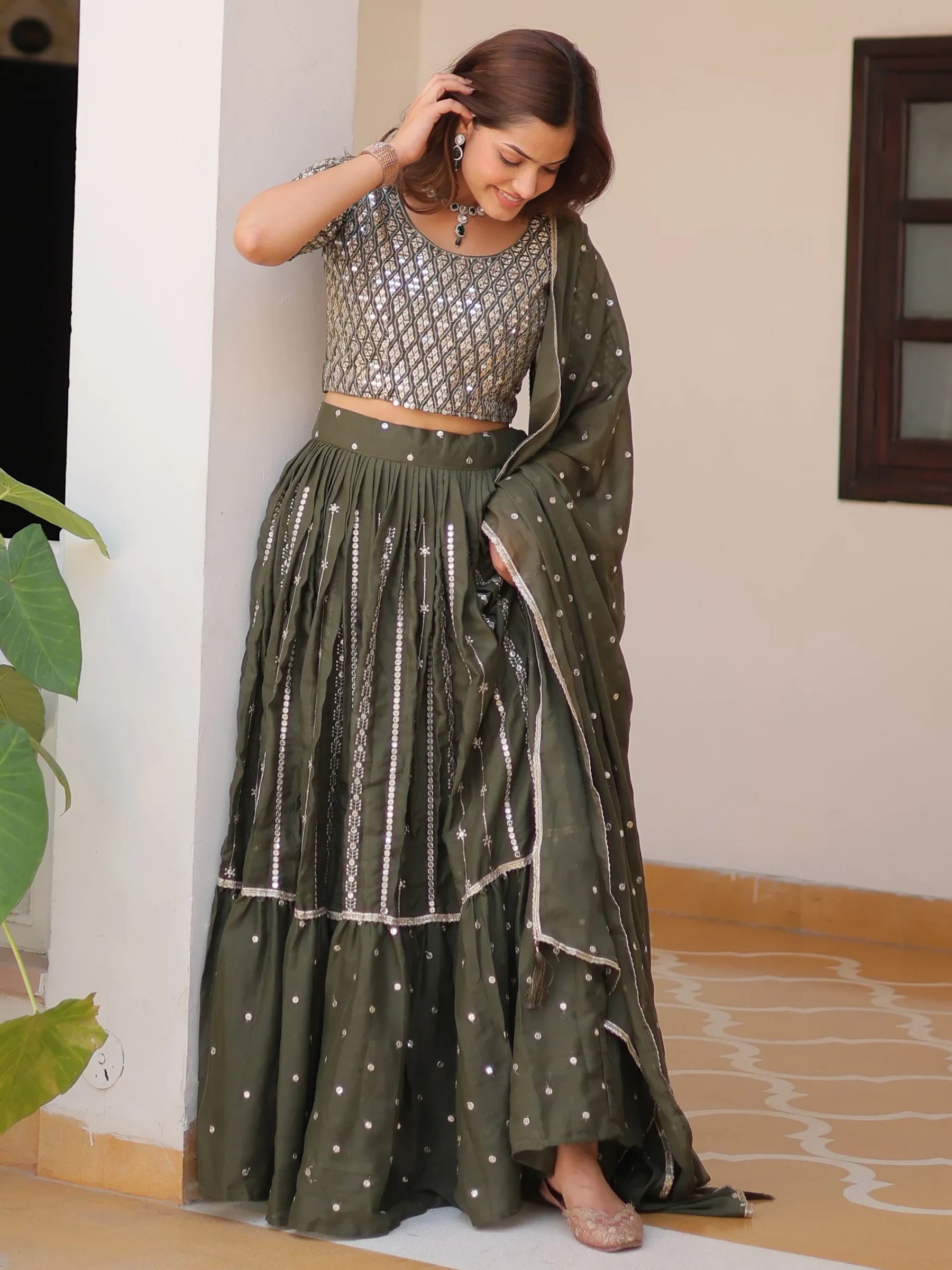Gorgeous Green Sequins Georgette Mehendi Wear Lehenga Choli With Dupatta - Zeel Clothing