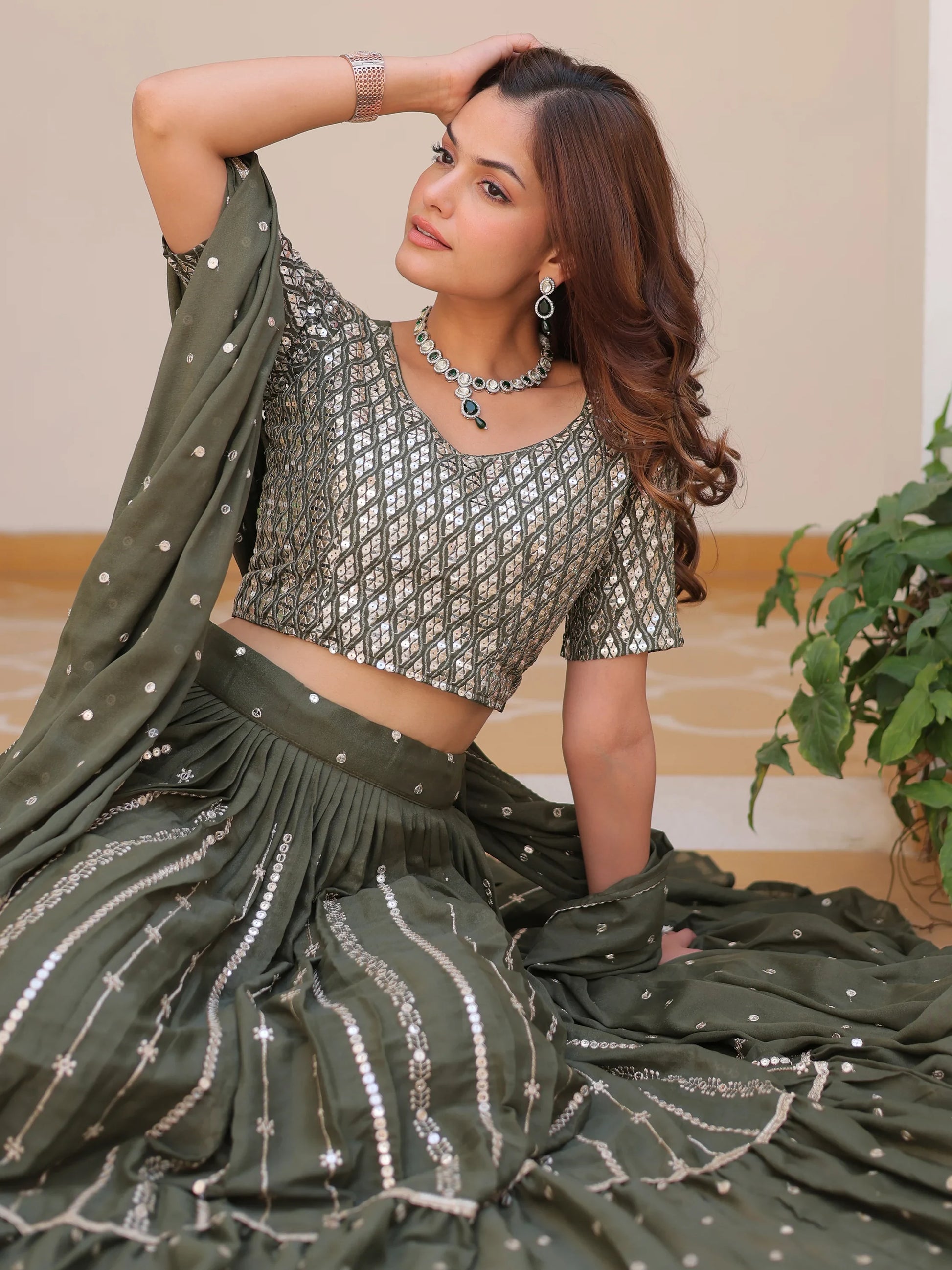 Gorgeous Green Sequins Georgette Mehendi Wear Lehenga Choli With Dupatta - Zeel Clothing