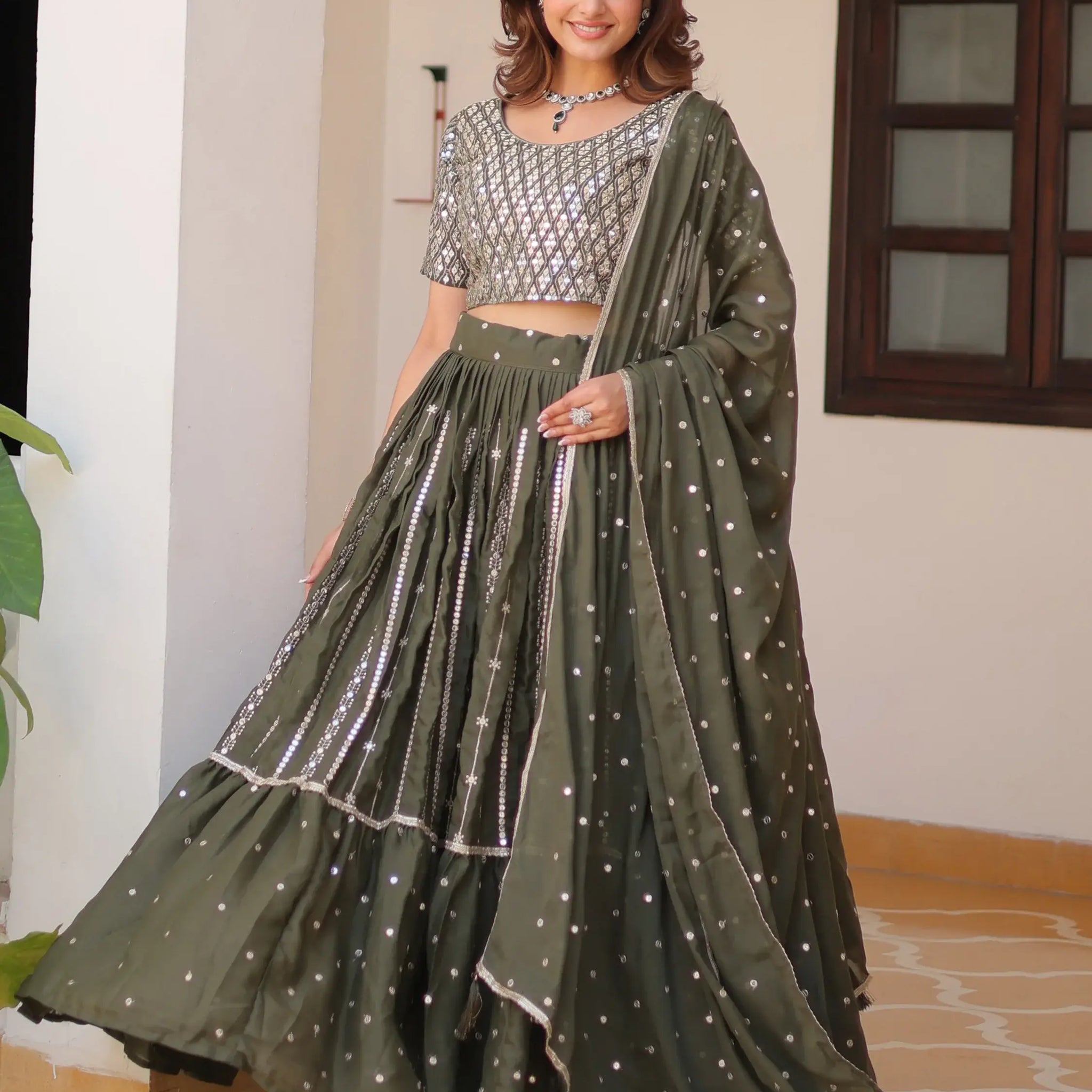 Gorgeous Green Sequins Georgette Mehendi Wear Lehenga Choli With Dupatta - Zeel Clothing
