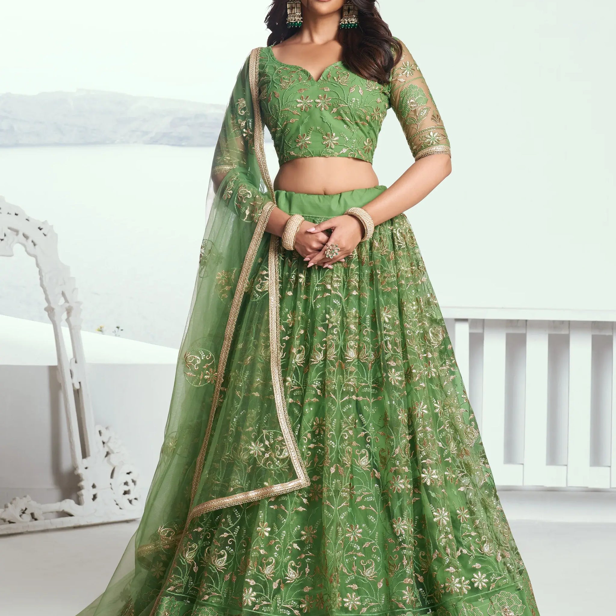 Gorgeous Green Sequins Net Mehendi Wear Lehenga Choli With Dupatta - Zeel Clothing