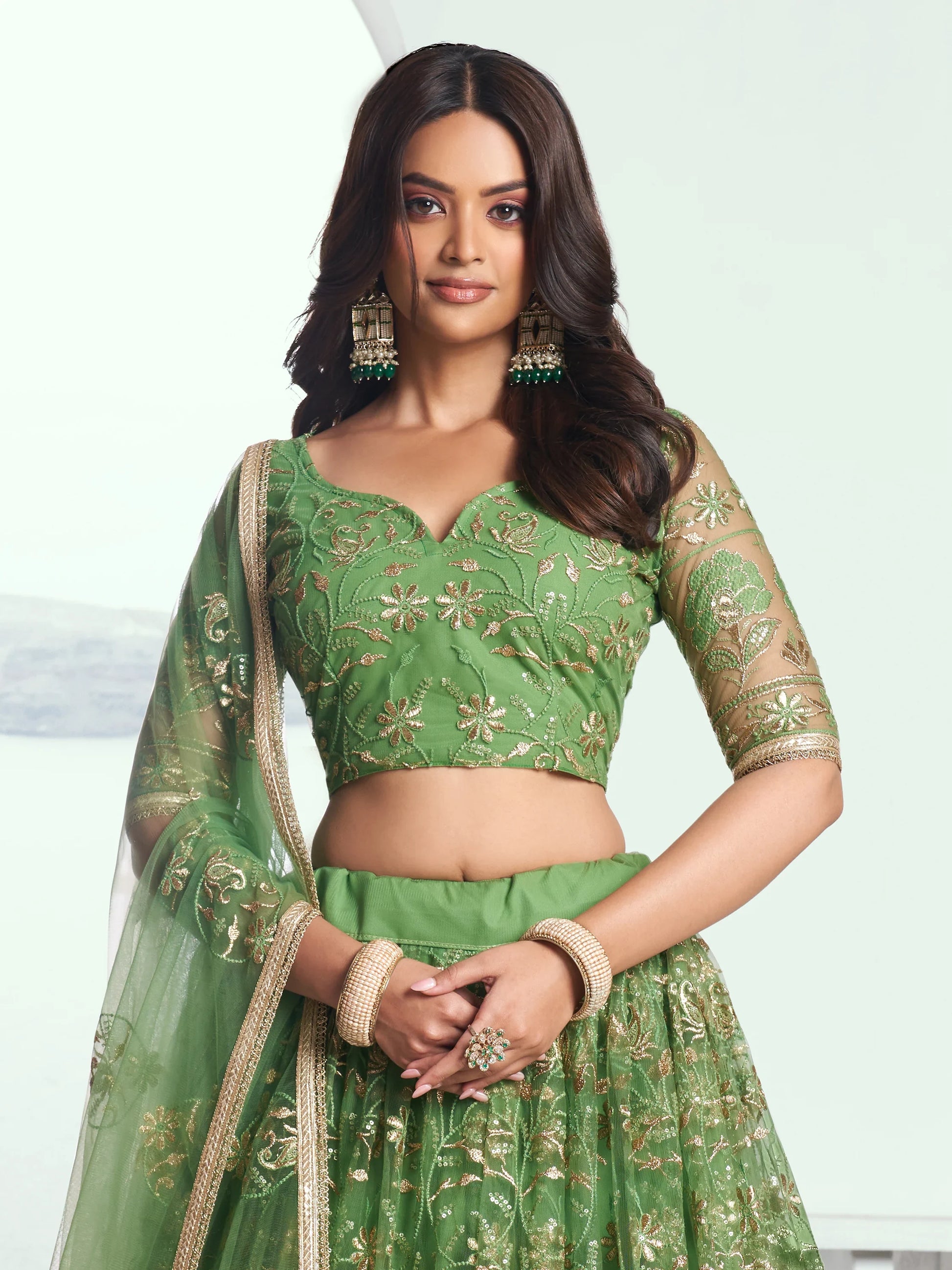 Gorgeous Green Sequins Net Mehendi Wear Lehenga Choli With Dupatta - Zeel Clothing
