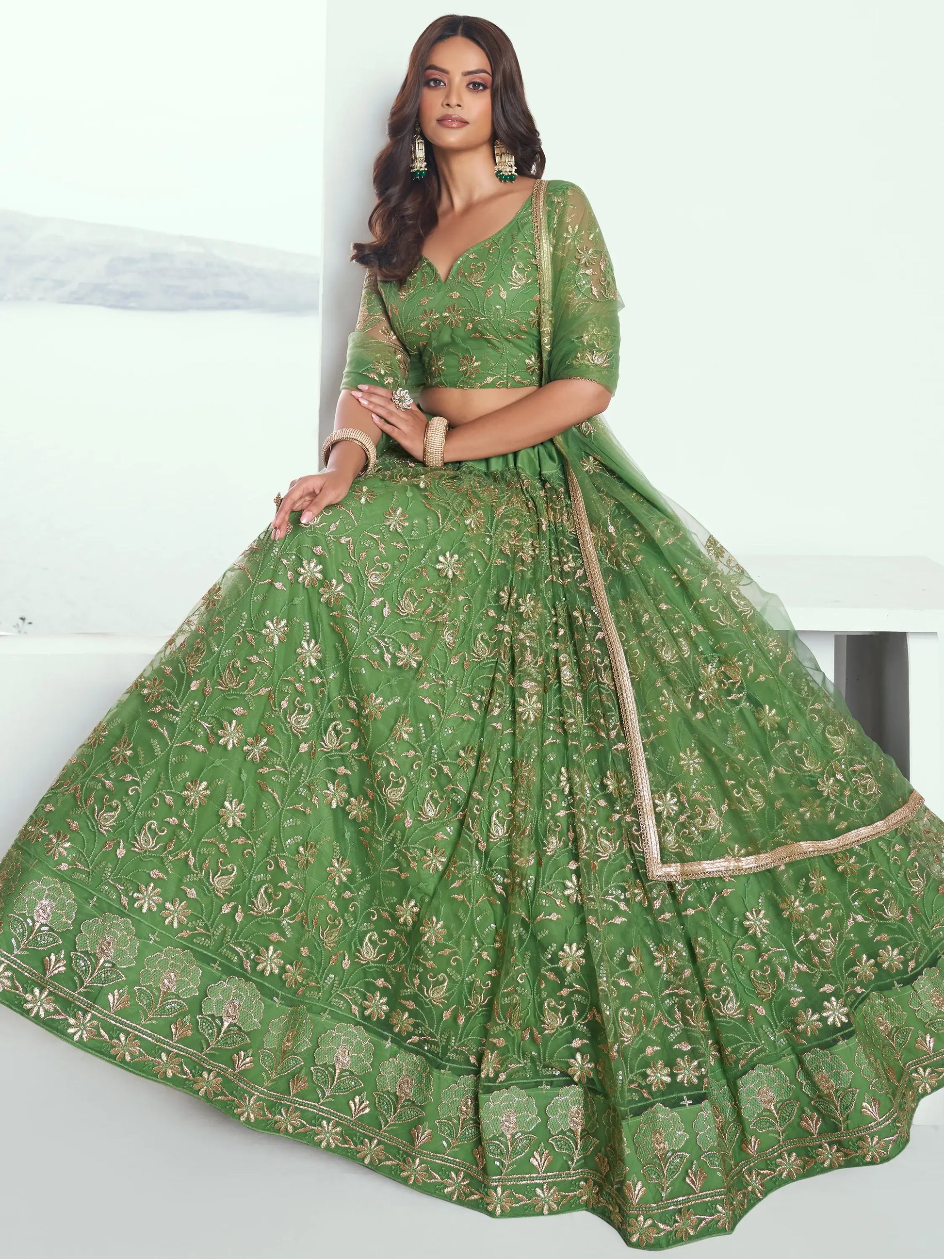 Gorgeous Green Sequins Net Mehendi Wear Lehenga Choli With Dupatta - Zeel Clothing