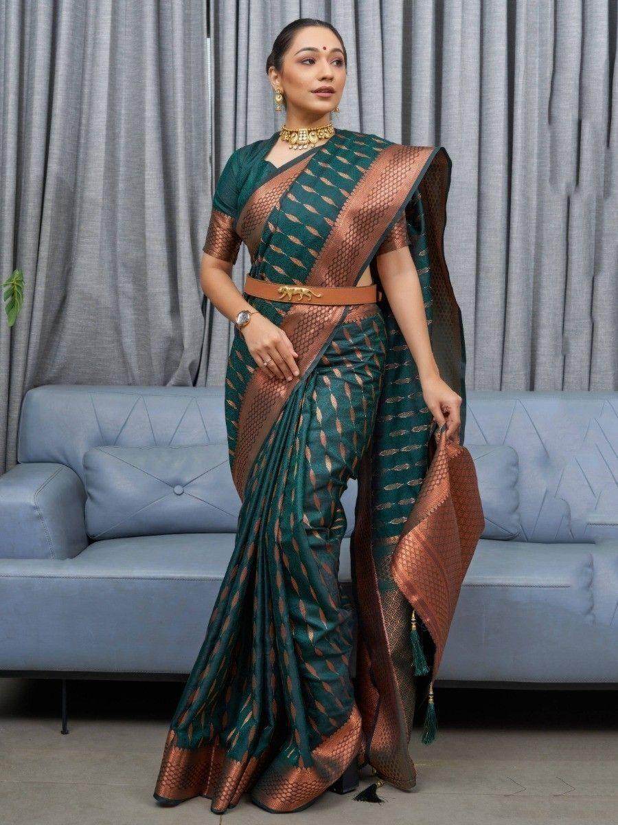 Gorgeous Green Woven Soft Silk Wedding Wear Saree With Blouse - Zeel Clothing