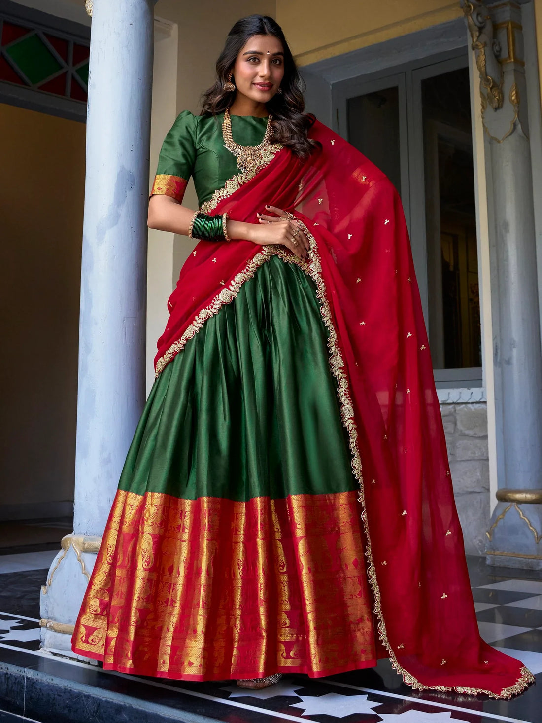 Gorgeous Green Zari Weaving Silk Traditional Half Saree Lehenga - Zeel Clothing