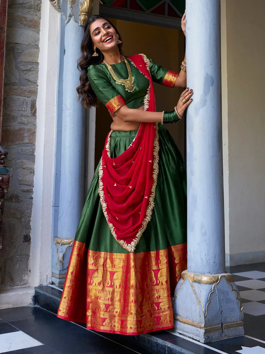 Gorgeous Green Zari Weaving Silk Traditional Half Saree Lehenga - Zeel Clothing