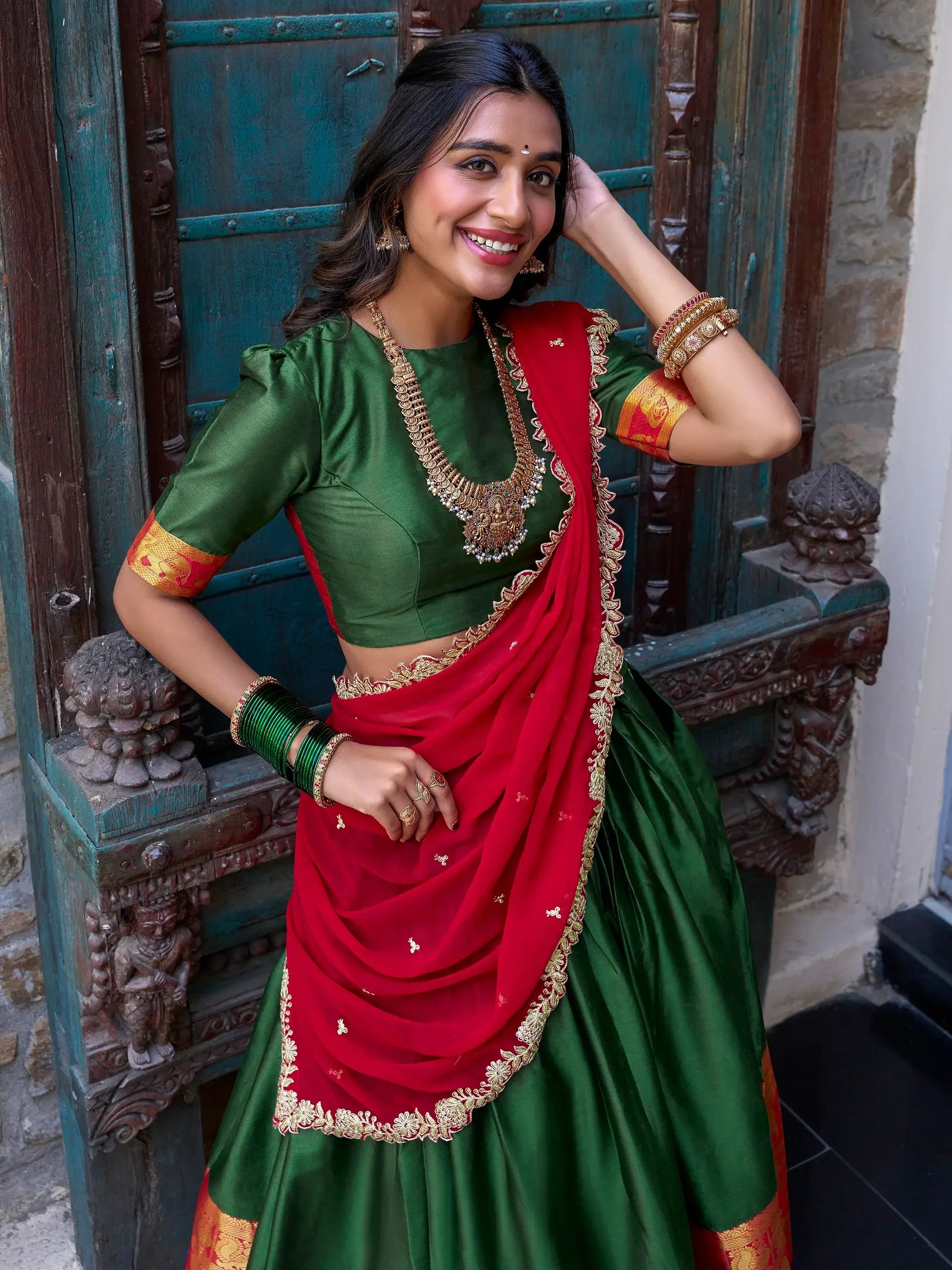Gorgeous Green Zari Weaving Silk Traditional Half Saree Lehenga - Zeel Clothing